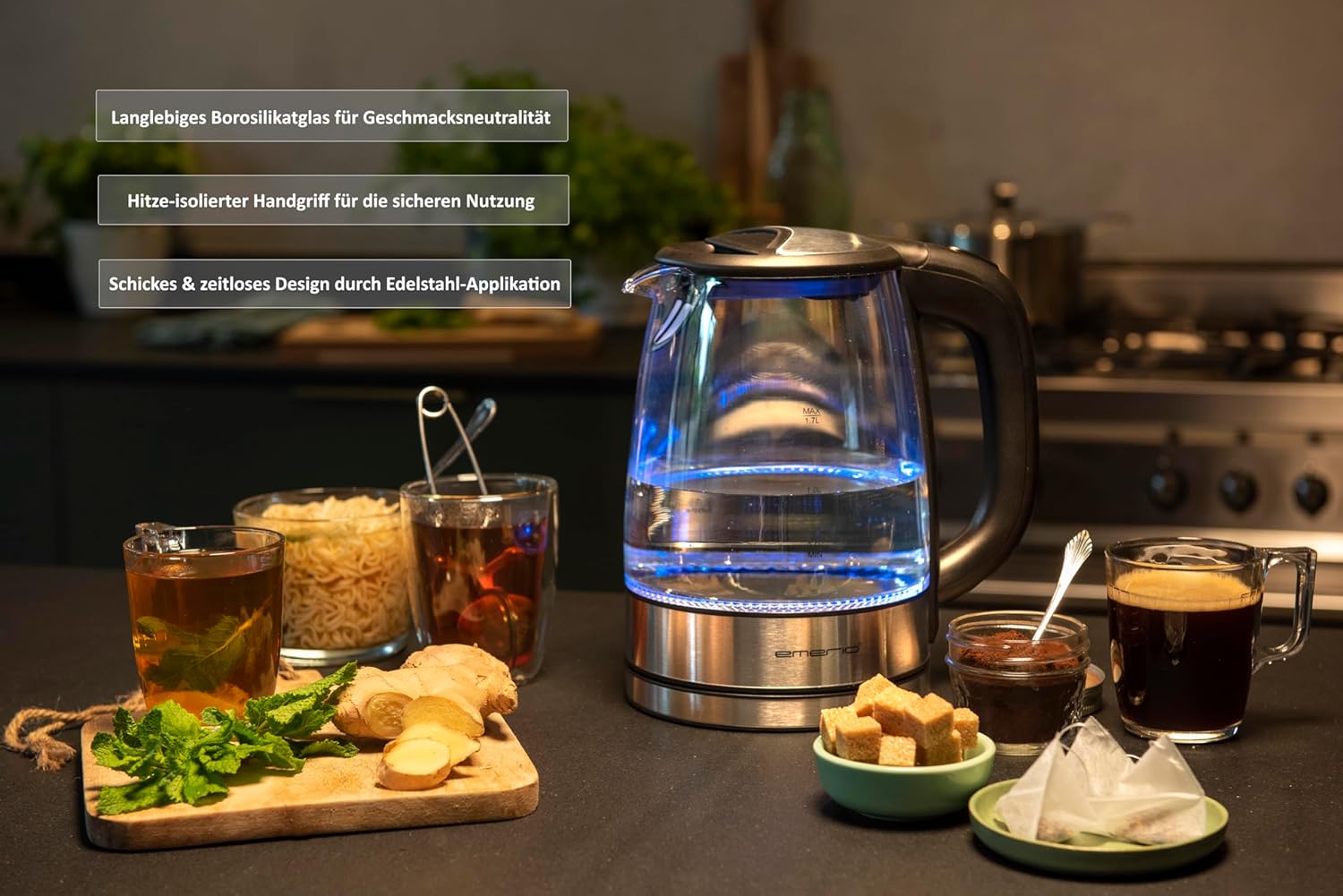 Detalle de EMERIO Glas Wasserkocher 1,7 l – 2200 W, blaue LED-Innenbeleuchtung, 360°-Basis, Auto Off – Preis-Leistung ausgezeichnet
