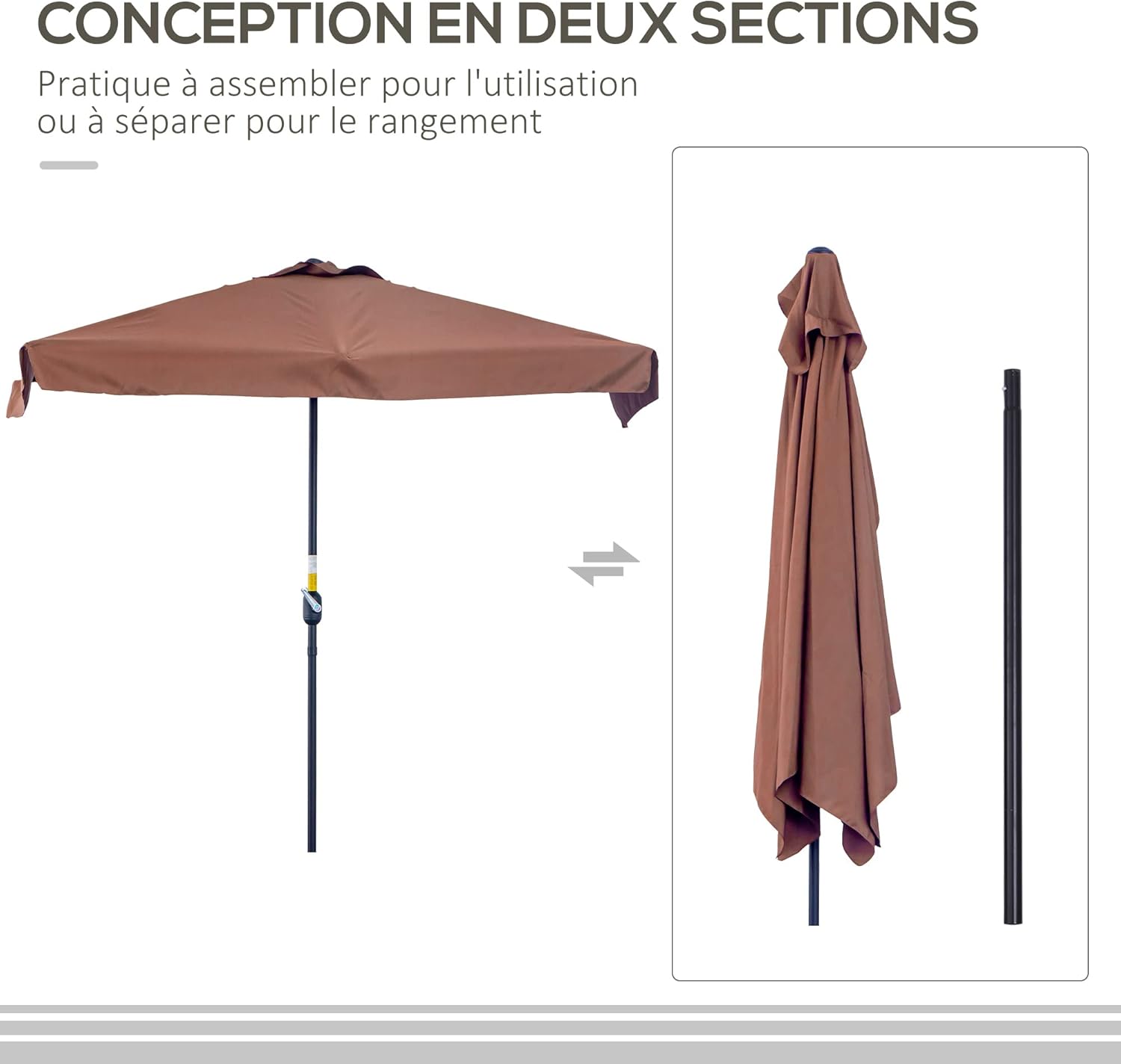 Thumbnail 4 de Outsunny Demi parasol – parasol de balcon 5 entretaux en métal, 2,3 x 1,3 x 2,49 m, voile en polyester haute densité