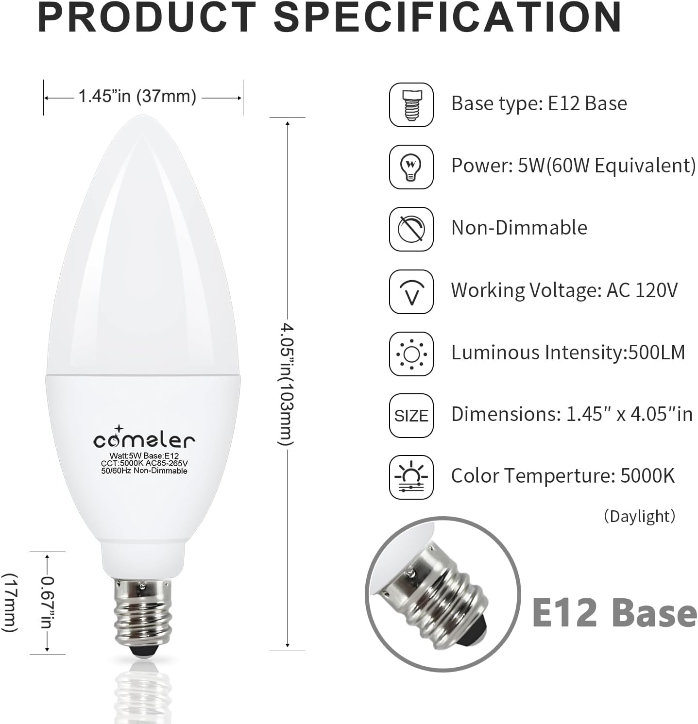 Detalle de Comzler C37-5000K E12 LED Candelabra Bulbs, 5 W, 5000K Daylight, 6-Pack
