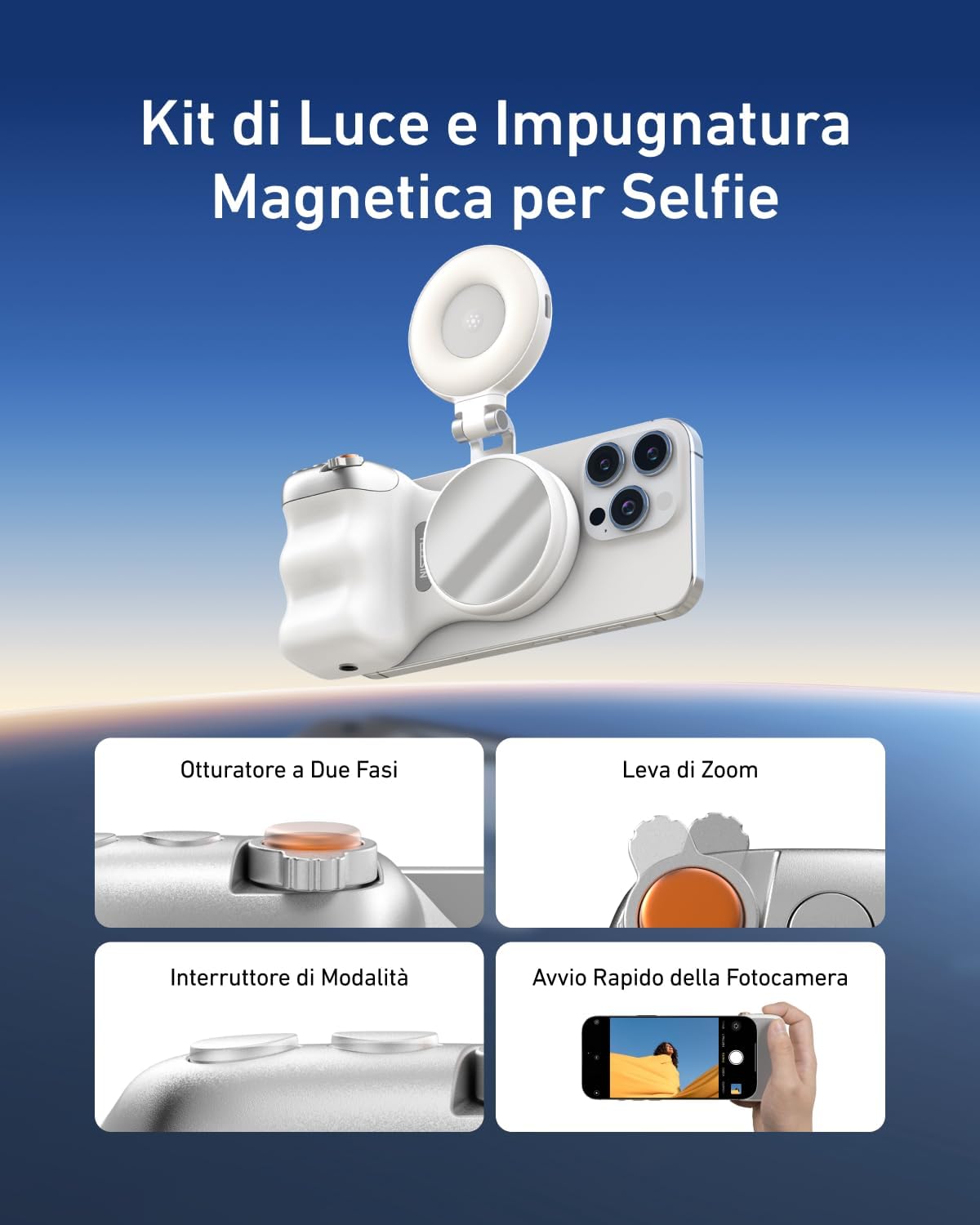 Thumbnail 2 de TELESIN Fun Shot Impugnatura Smartphone + TELESIN C03 Luce Magnetica per Selfie (Bianco) Set