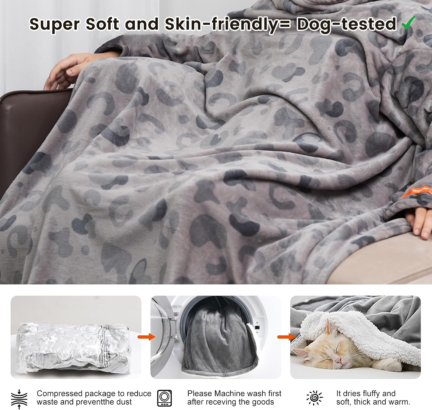 Detalle 2 de Winthome Grey Print Wearable Blanket with Sleeves, Flannel, 55.1" x 70.8