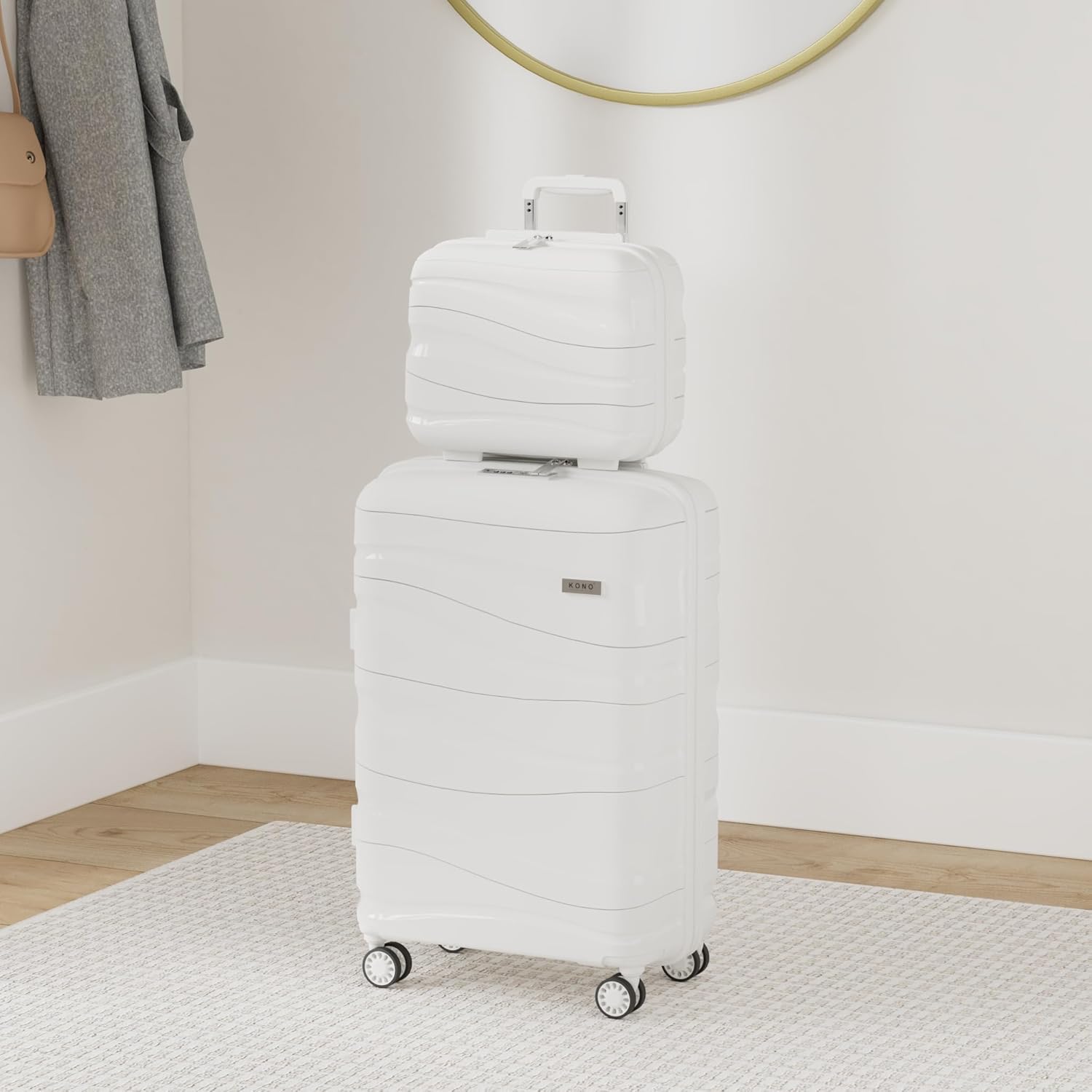 Thumbnail 1 de Kono 2-Piece Lightweight Polypropylene Hard Shell Luggage Set with TSA Lock and 360° Spinner Wheels (White)