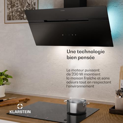 Detalle de Klarstein Alina : hotte murale 90 cm – 615 m³/h, éclairage LED 9 couleurs, contrôle tactile, mode extraction ou recirculation