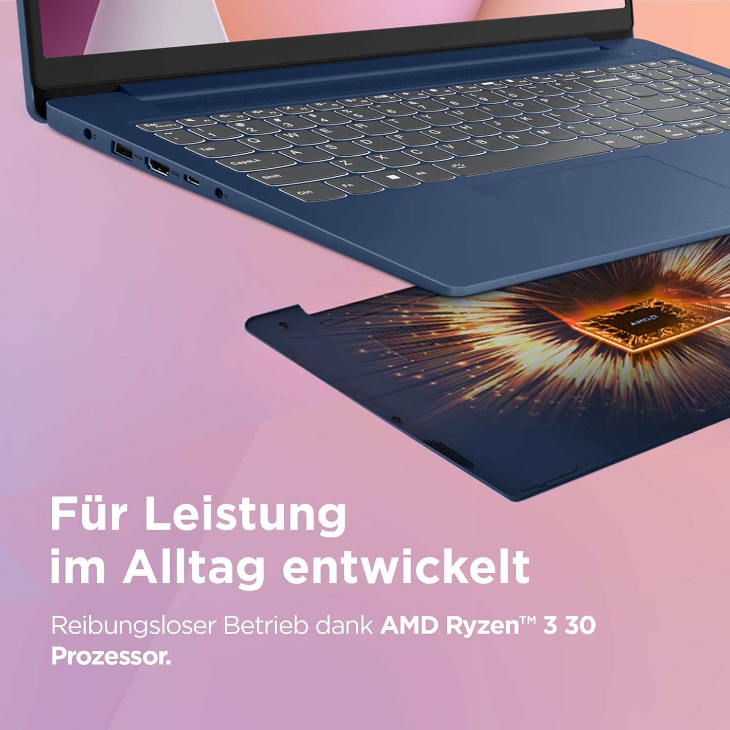 Detalle de Lenovo IdeaPad Slim 3 15.6" FHD – Ryzen 3 7330U, 8 GB RAM, 512 GB SSD, Abyss Blue, Windows 11