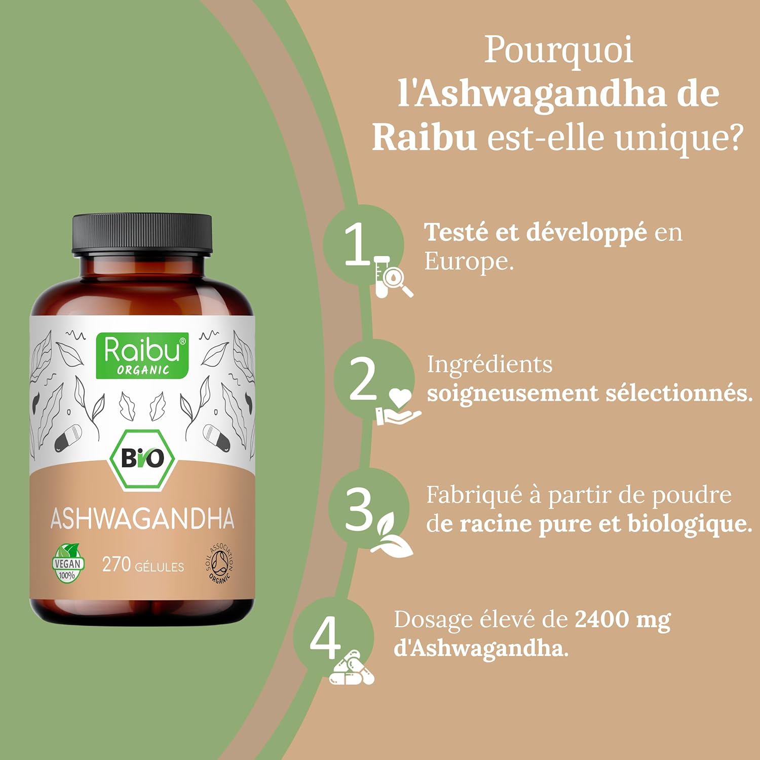 Thumbnail 2 de Ashwagandha BIO Raibu – 270 gélules (extra fort, 2400 mg/jour)