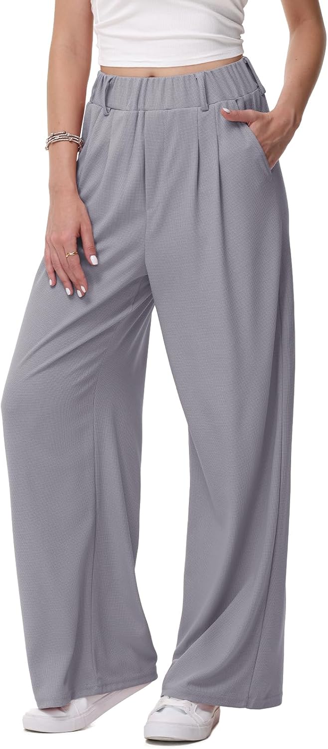 Detalle de HMIYA Weite Stoffhose für Damen – bügel-frei, locker Palazzo, hohe Taille, mit Tasche