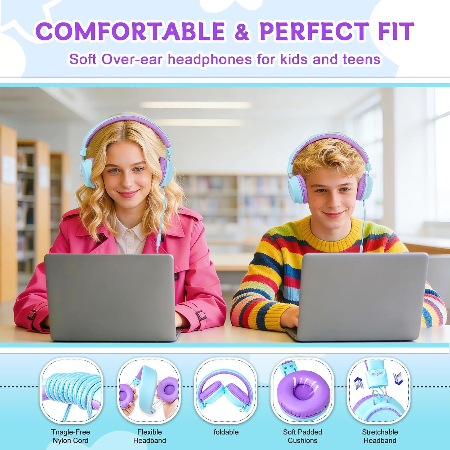 Detalle 2 de Olyre Kids Headphones (Toddler Wired Headset with Mic) for School, Plane & Travel — Icy Mint Blue/Purple