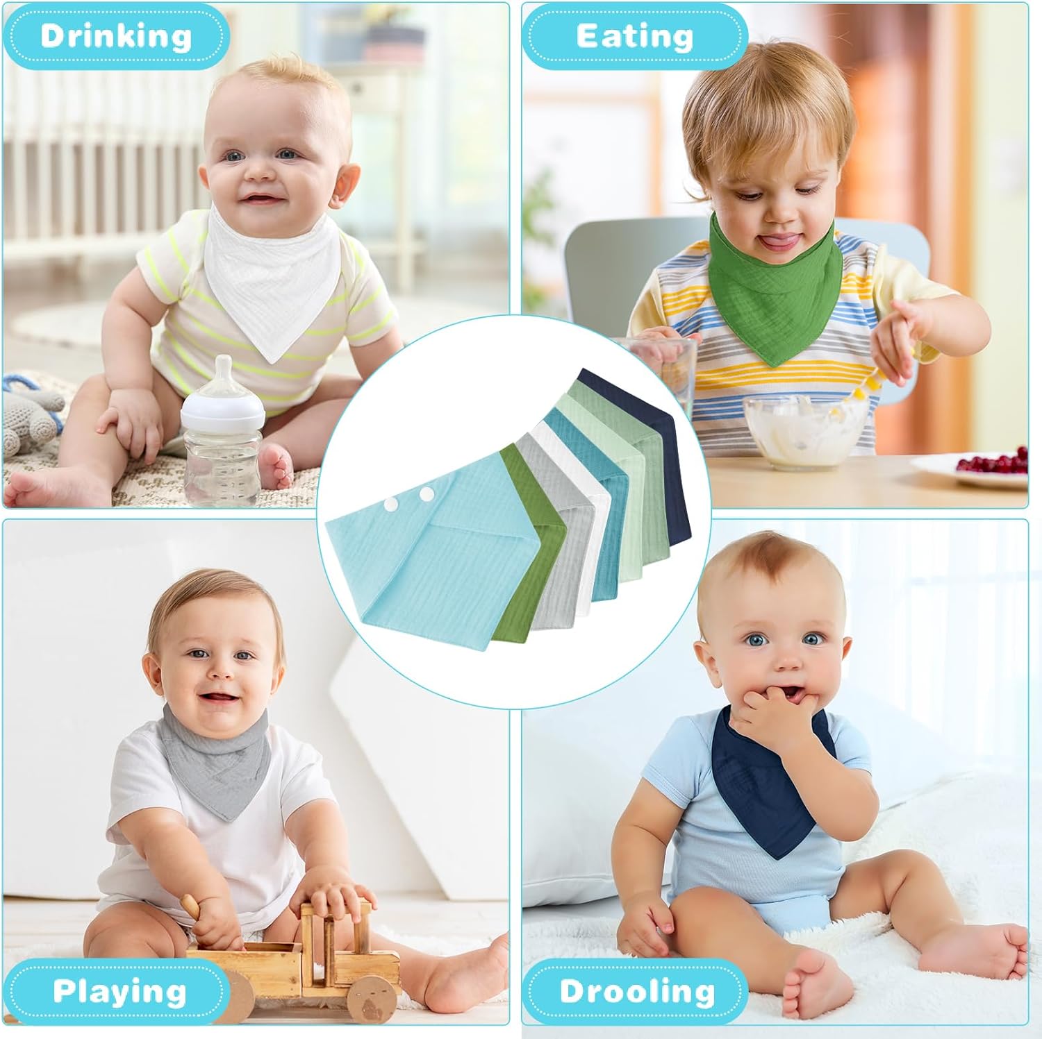Thumbnail 5 de Vicloon Baby Bandana Dribble Bibs (8-Pack) with Adjustable Snaps in Blue/Green/Gray