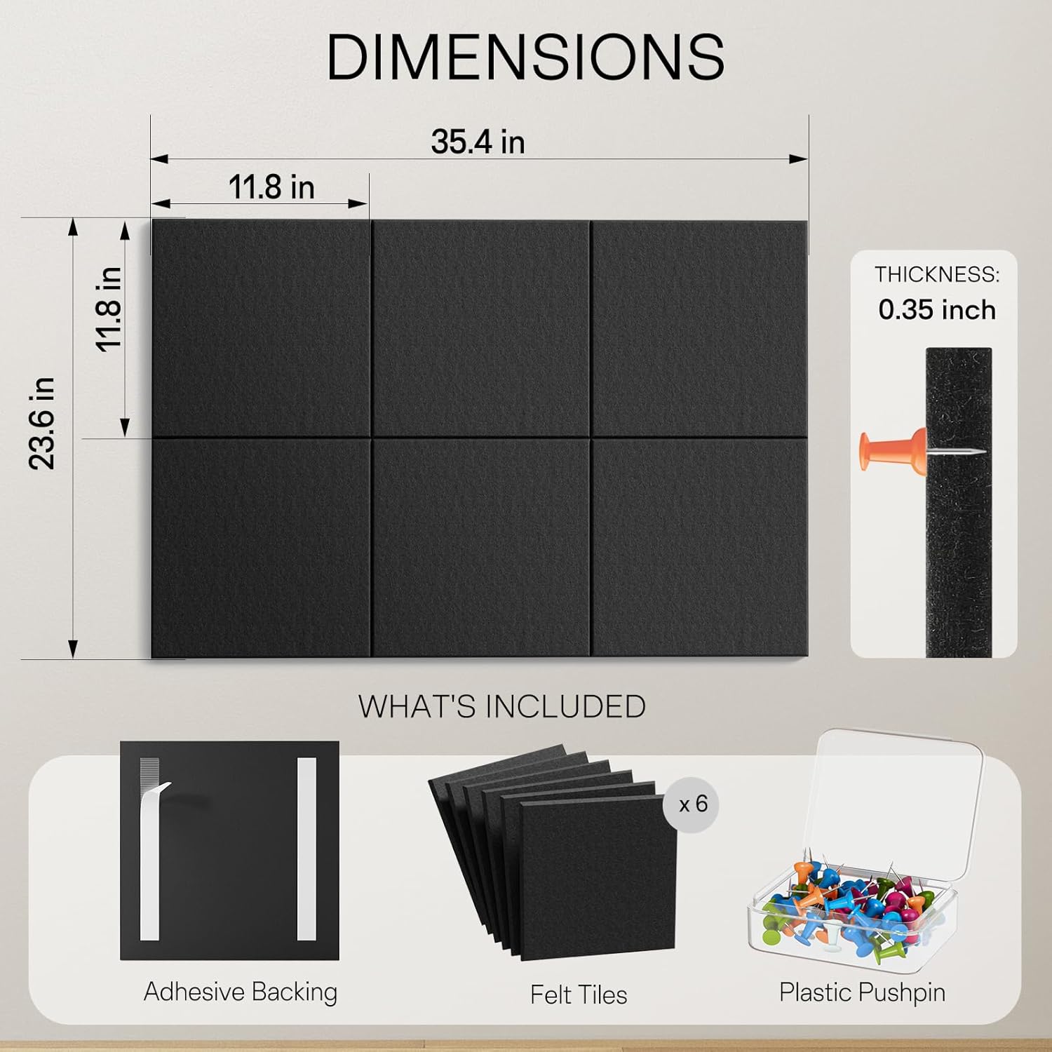 Detalle 2 de MaxGear Black Felt Bulletin Board, 6-Pack 11.8-Inch Wall Tiles, 36 x 24-Inch