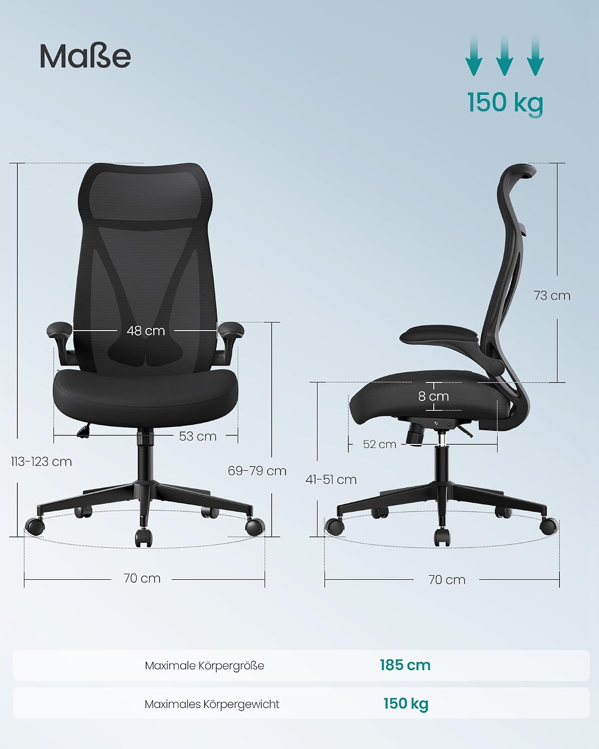Detalle 2 de SONGMICS Bürostuhl OBN088B01 mit Kopfstütze, höhenverstellbarer Rückenlehne und hochklappbaren Armlehnen