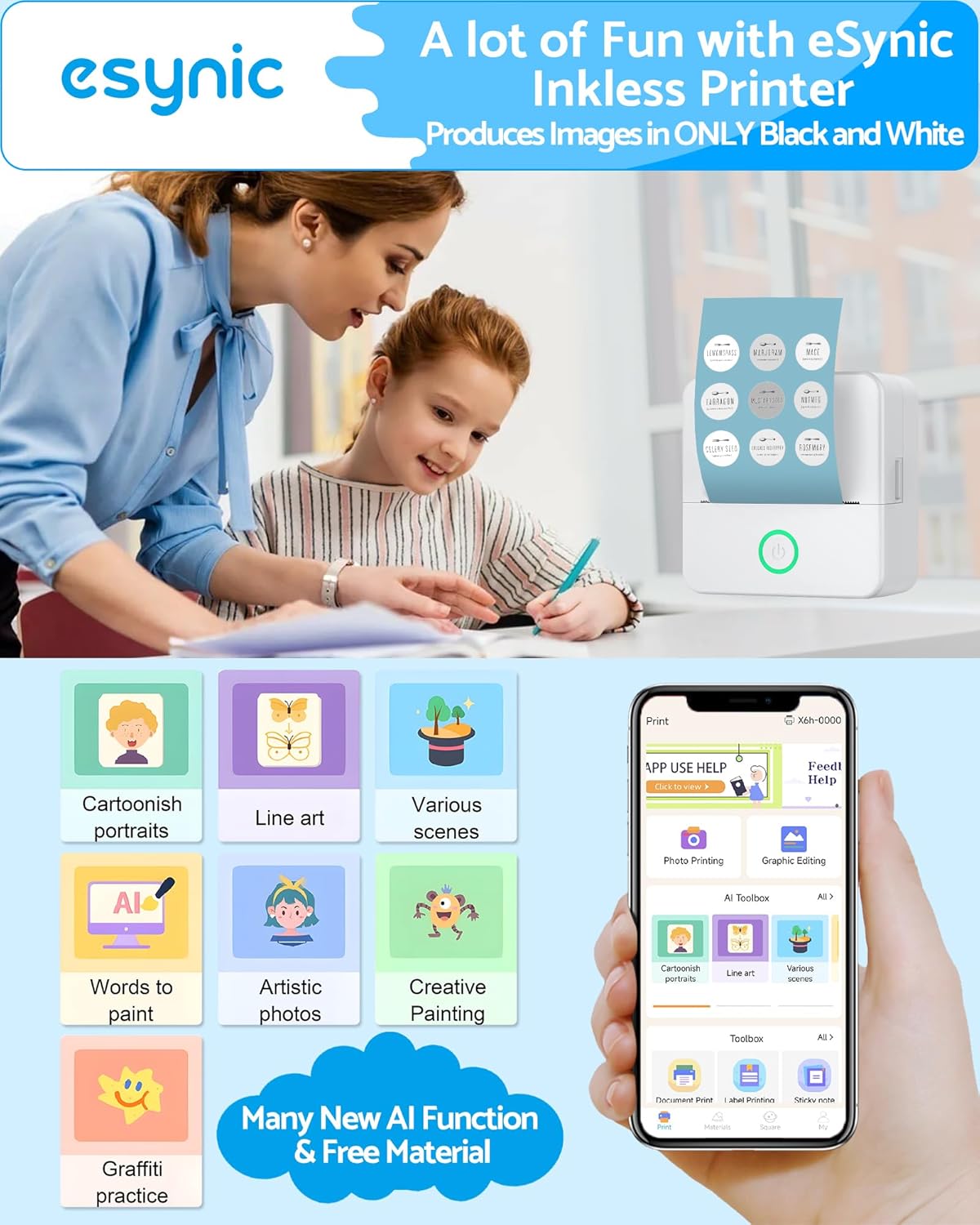 Thumbnail 5 de eSynic Mini Photo Printer Portable Pocket Thermal Printer with 10 Rolls & Storage Bag