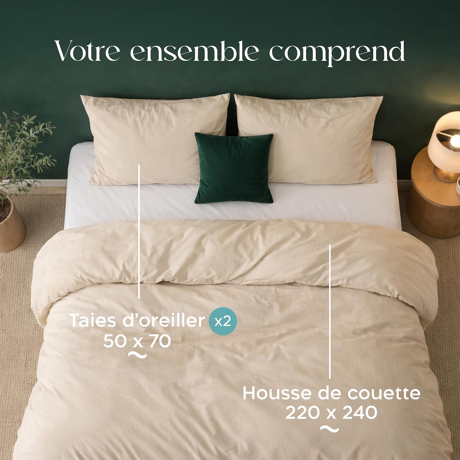 Detalle 2 de Parure de lit Twinzen en microfibre 240x220 cm beige avec 2 taies 50x70 cm (Oeko-Tex)