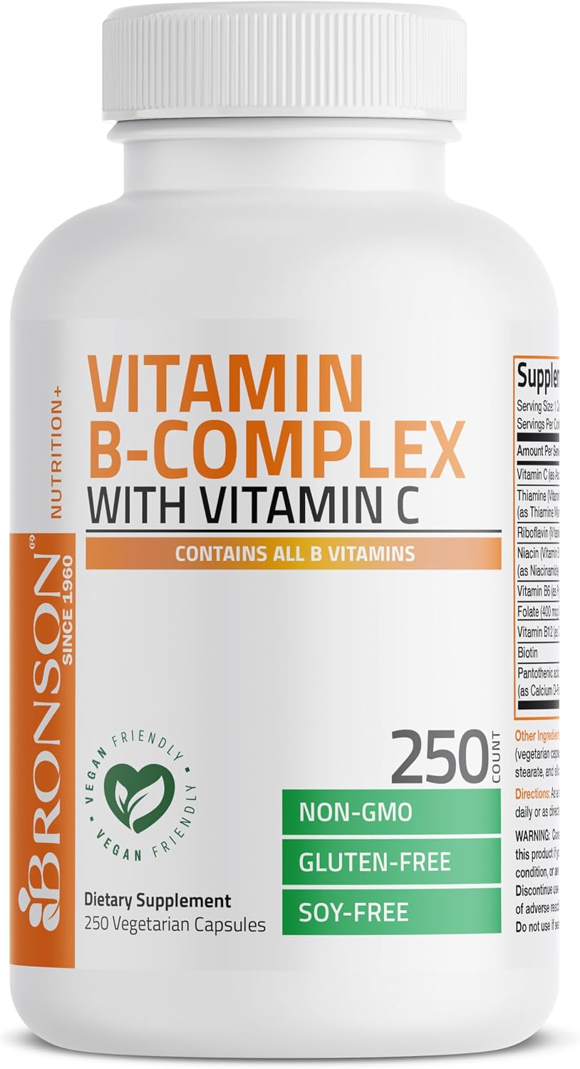 Detalle de Bronson Vitamin B Complex with Vitamin C, 250 Vegetarian Capsules