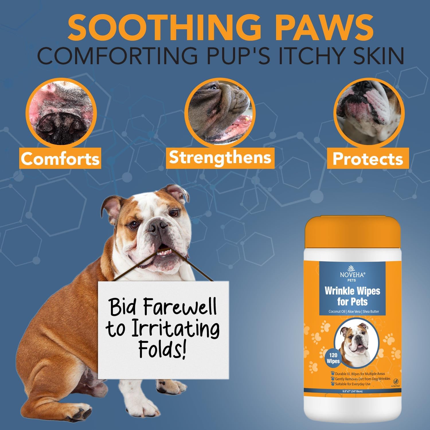 Detalle de NOVEHA Wrinkle XL Wipes for Dogs (120 wipes) for Bulldogs, French Bulldogs, Pugs & more