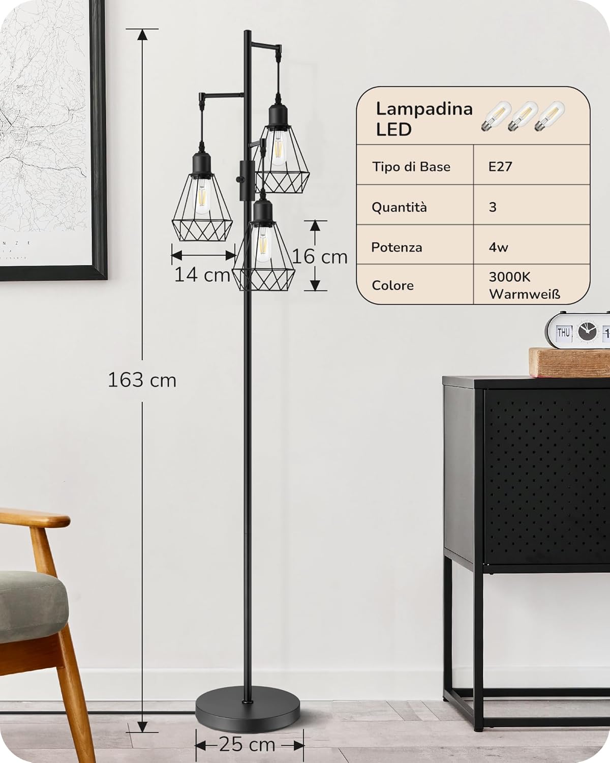 Thumbnail 3 de EDISHINE Lampada da terra a LED dimmerabile: stile industriale con 3 gabbie e lampadine E27