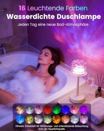 Detalle de Umikk LED Duschlampe Wasserdicht, 16-Farben-Projektion, Wiederaufladbar – flexible Beleuchtung für Bad und Dusche