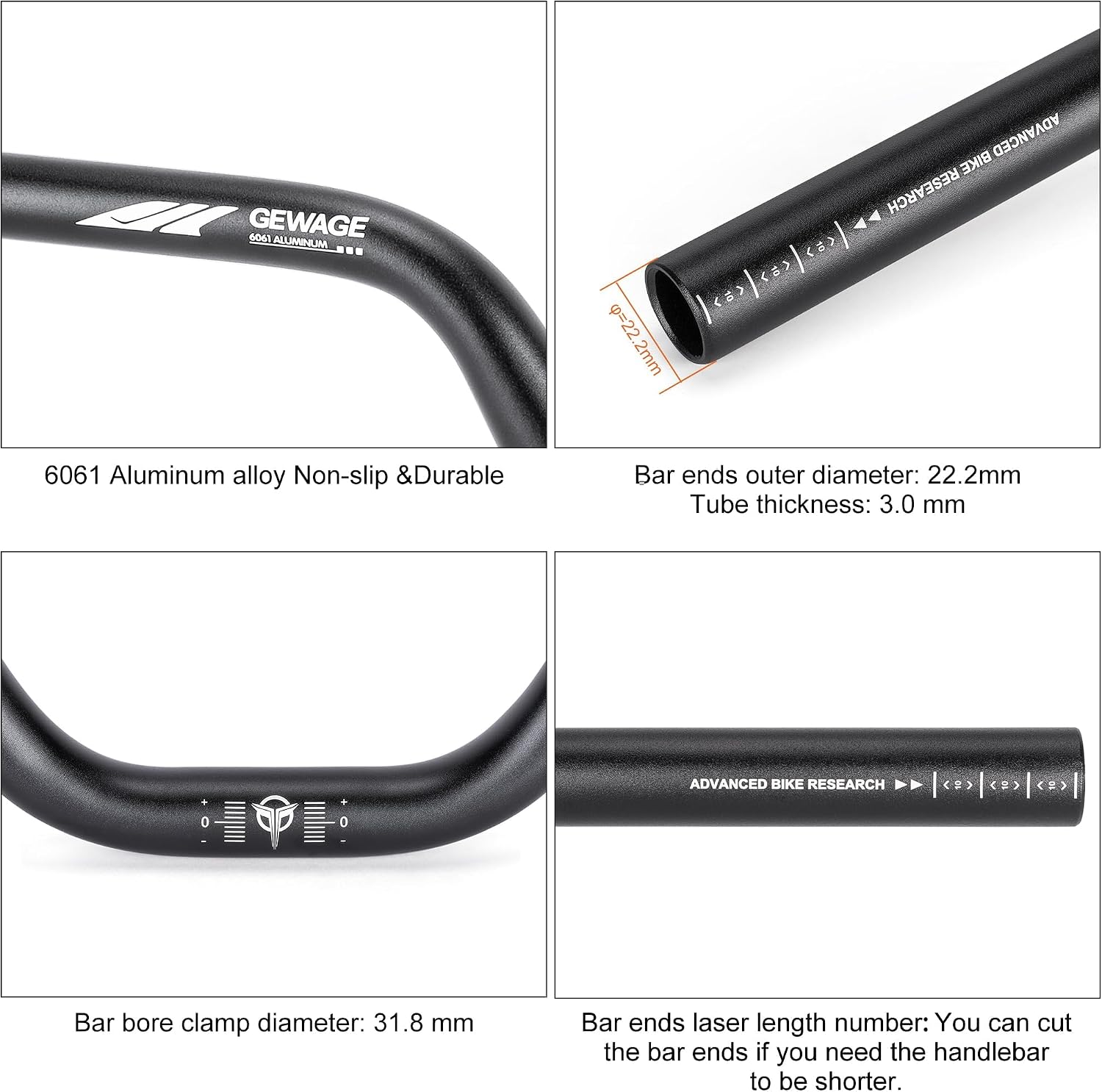 Detalle de GEWAGE fietsstuur 780 mm van 6061-aluminium, 12° backsweep, 31,8 mm