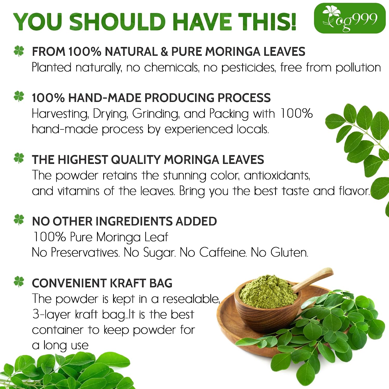 Detalle 2 de TOG999 Moringa Leaf Powder, 8 oz, Vegan, Caffeine-Free, No Additives