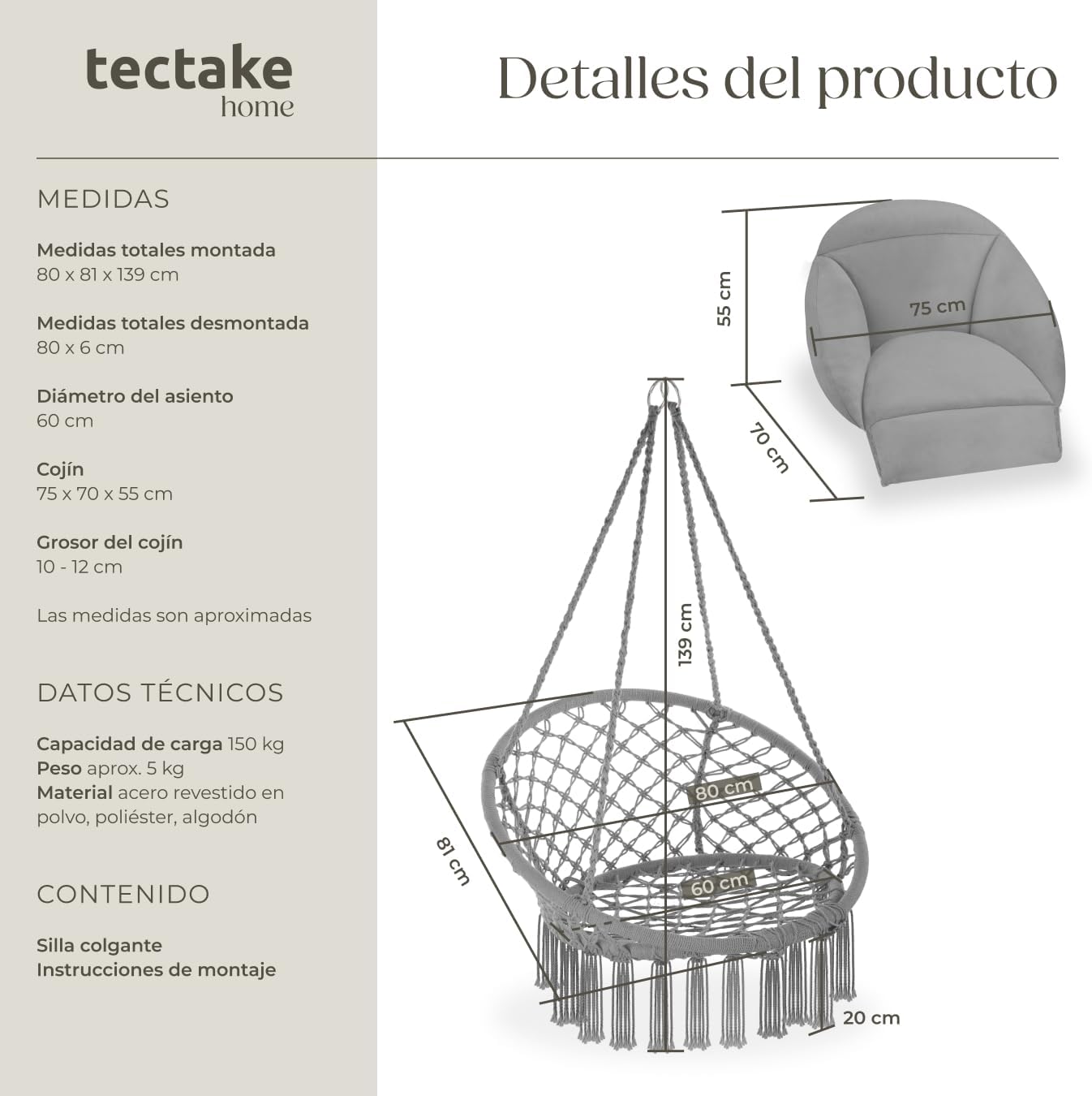 Thumbnail 5 de tectake Columpio Jardín Exterior silla colgante gris
