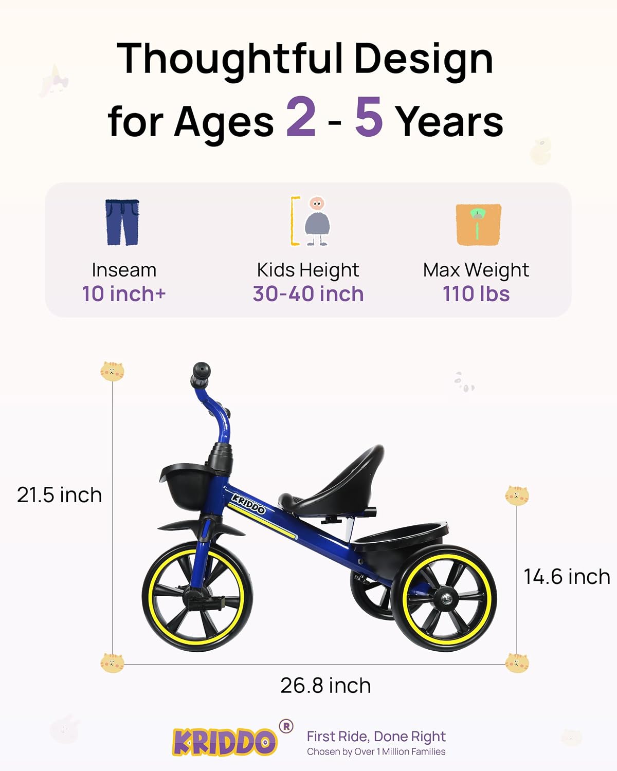 Thumbnail 2 de KRIDDO Kids Tricycle 24-48 Months Blue
