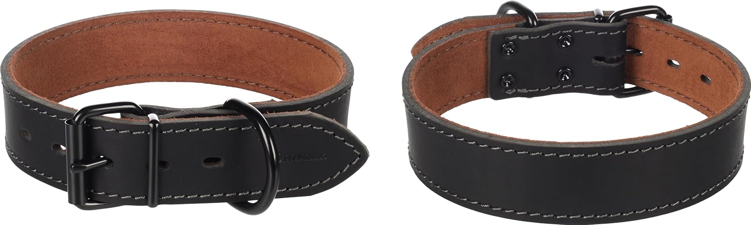 Detalle de Flamingo Montana M/L – czarna skórzana obroża 35 mm z nitami i klamrą