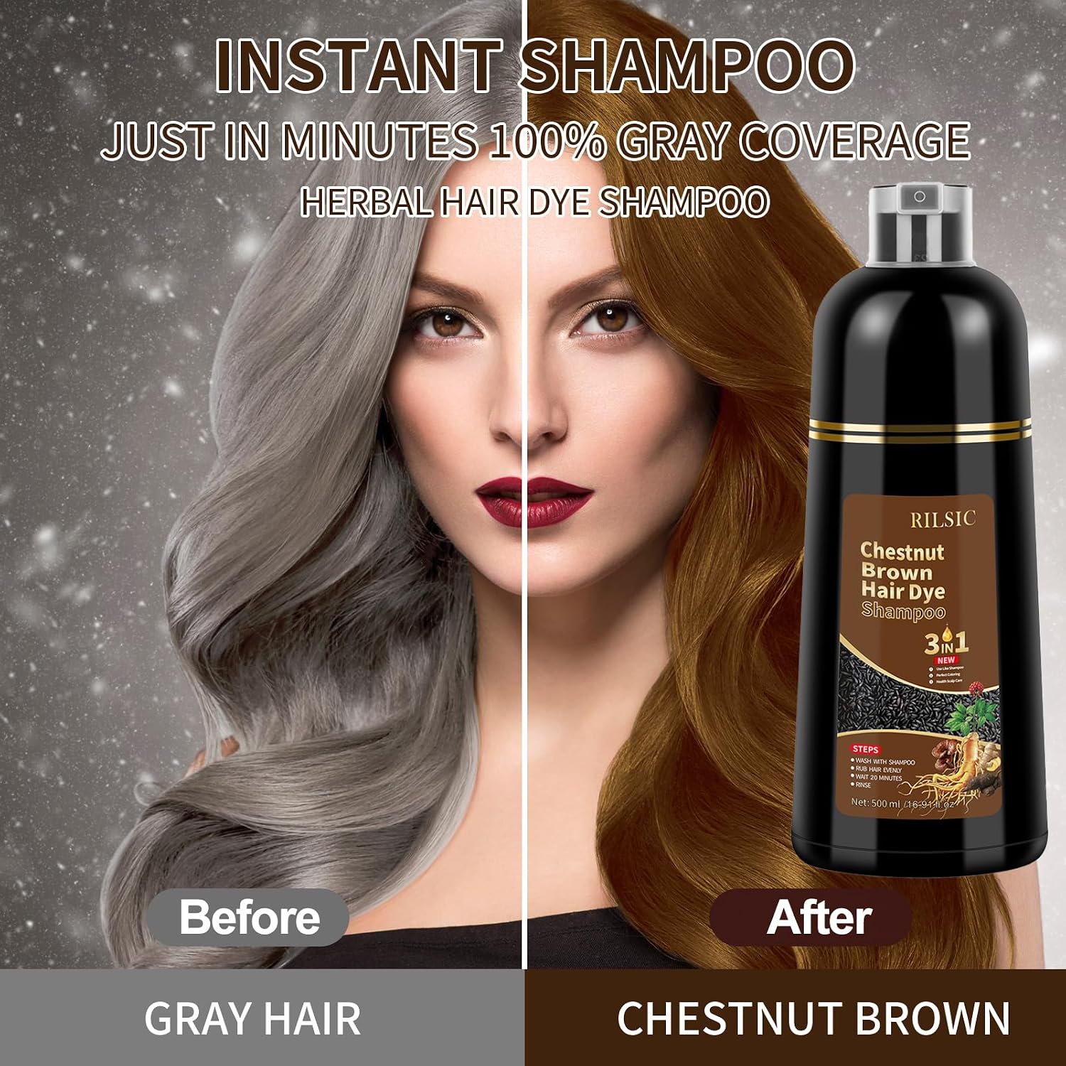 Thumbnail 2 de JELMOK 500ML Shampoo Colorante 3-in-1 – Copre i capelli bianchi, colore naturale Chestnut Brown