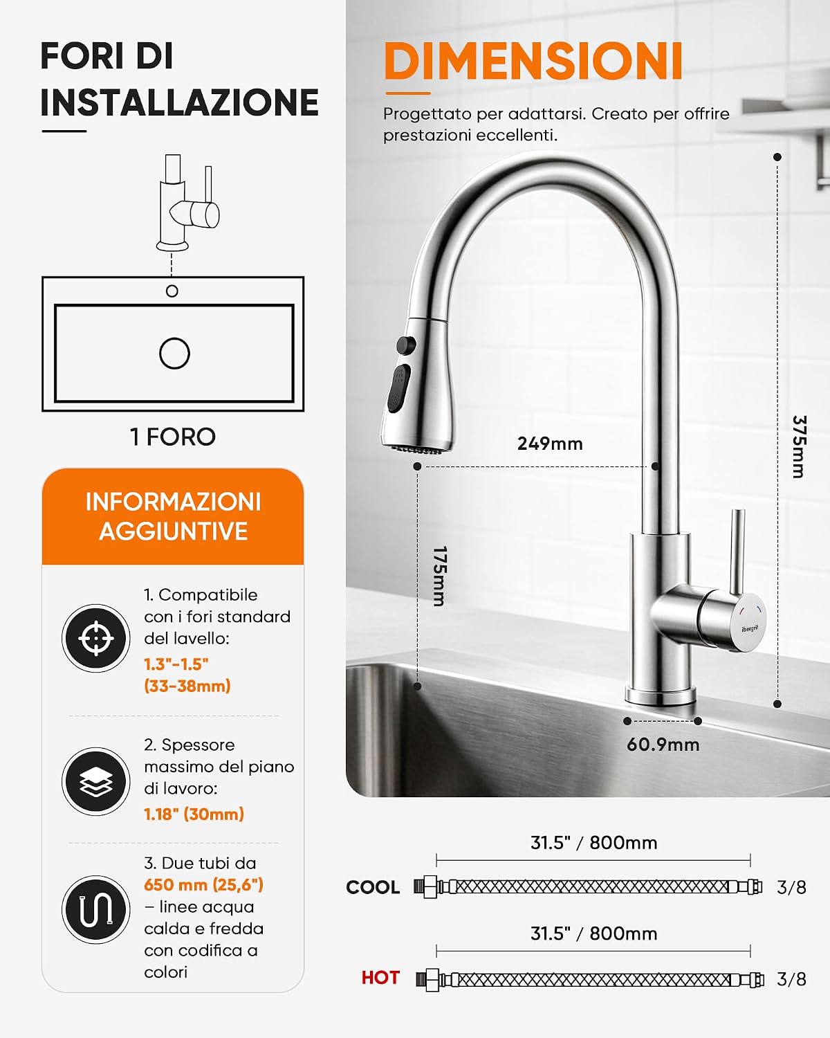 Detalle 2 de Ibergrif M22137 Rubinetto Lavello Cucina con Doccia Estraibile, acciaio inox spazzolato