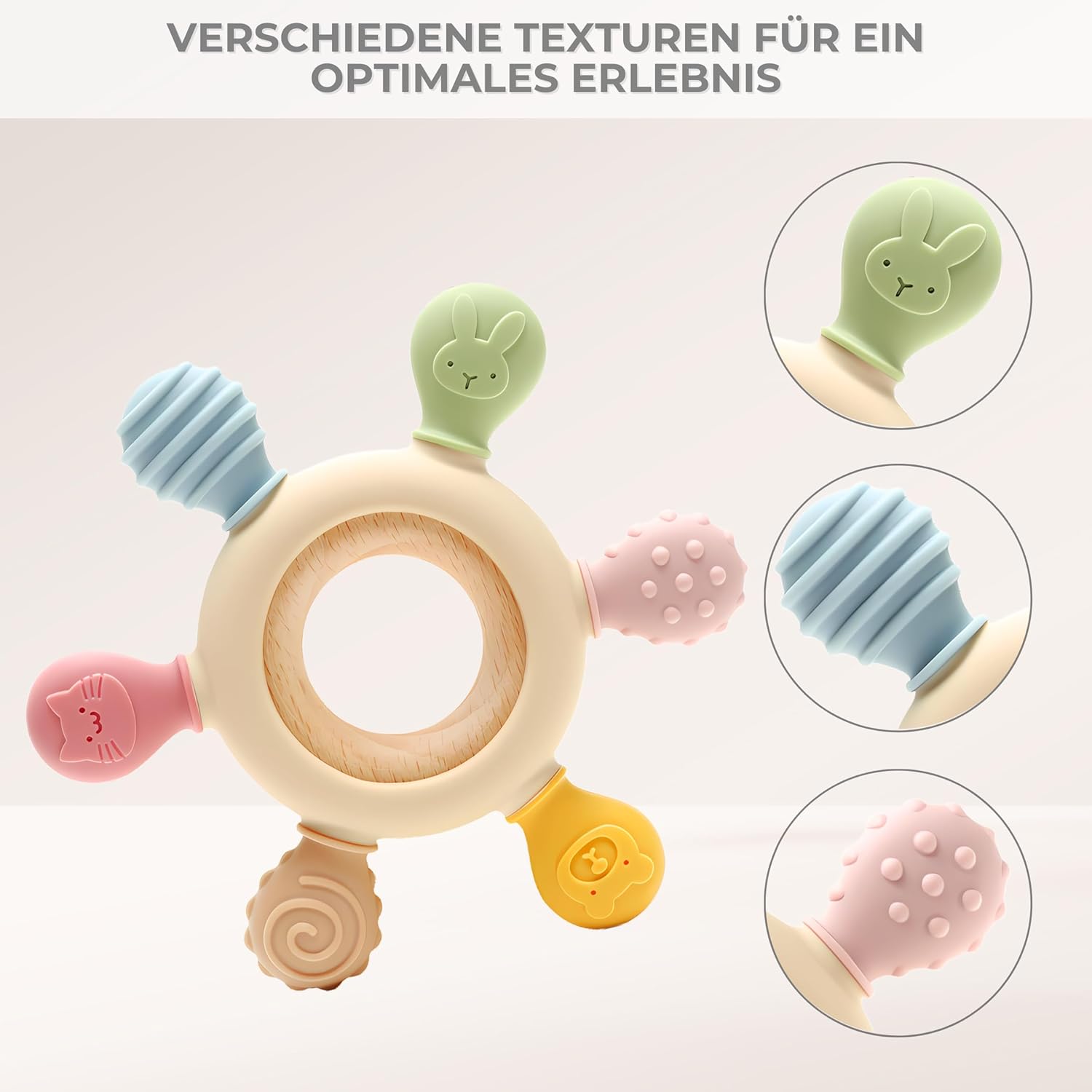 Thumbnail 3 de CAJA Beißring Baby – BPA-freie Zahnungshilfe aus Silikon und FSC-Holz im Tiermotiv
