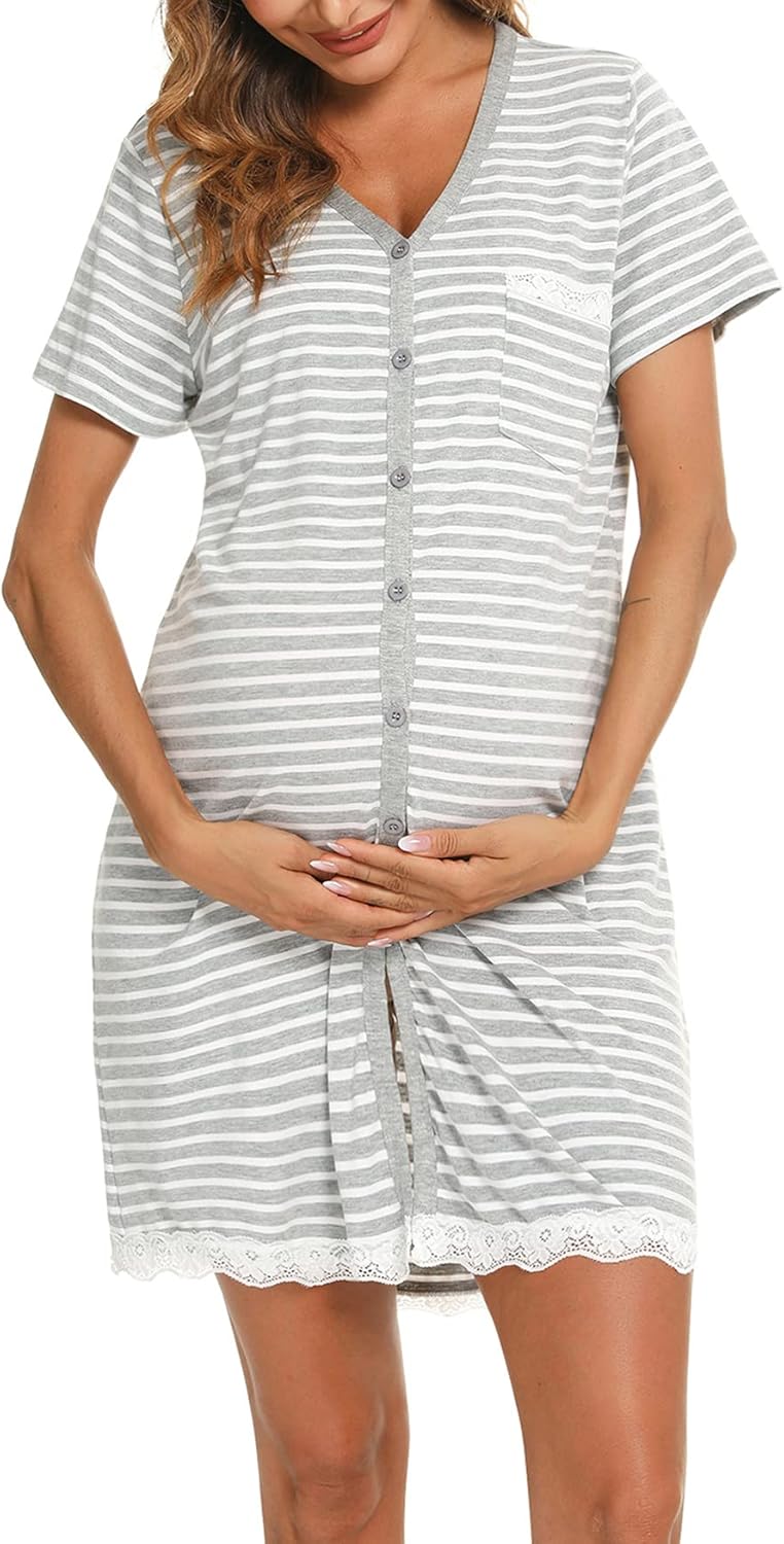 Thumbnail 1 de Uniexcosm Chemise Nuit Allaitement Maternité en Coton – Robe de Nuit Col en V, Manches Courtes, Ouverte Devant