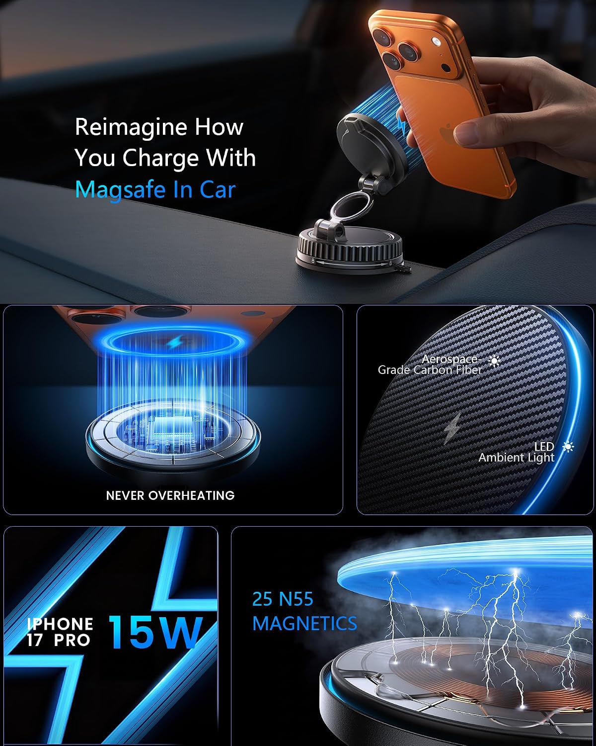 Thumbnail 6 de MagSafe Car Mount Charger 15W: Ultra‑Strong Magnetic Wireless Car Charger with 360° Flexibility