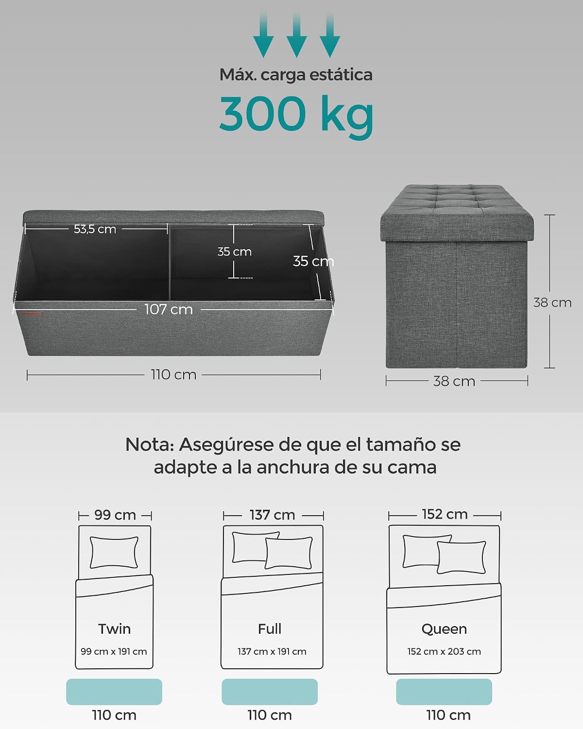 Detalle de SONGMICS MAZIE LSF77K cassapanca con pouf contenitore e poggiapiedi pieghevole grigio scuro, 38 x 110 x 38 cm