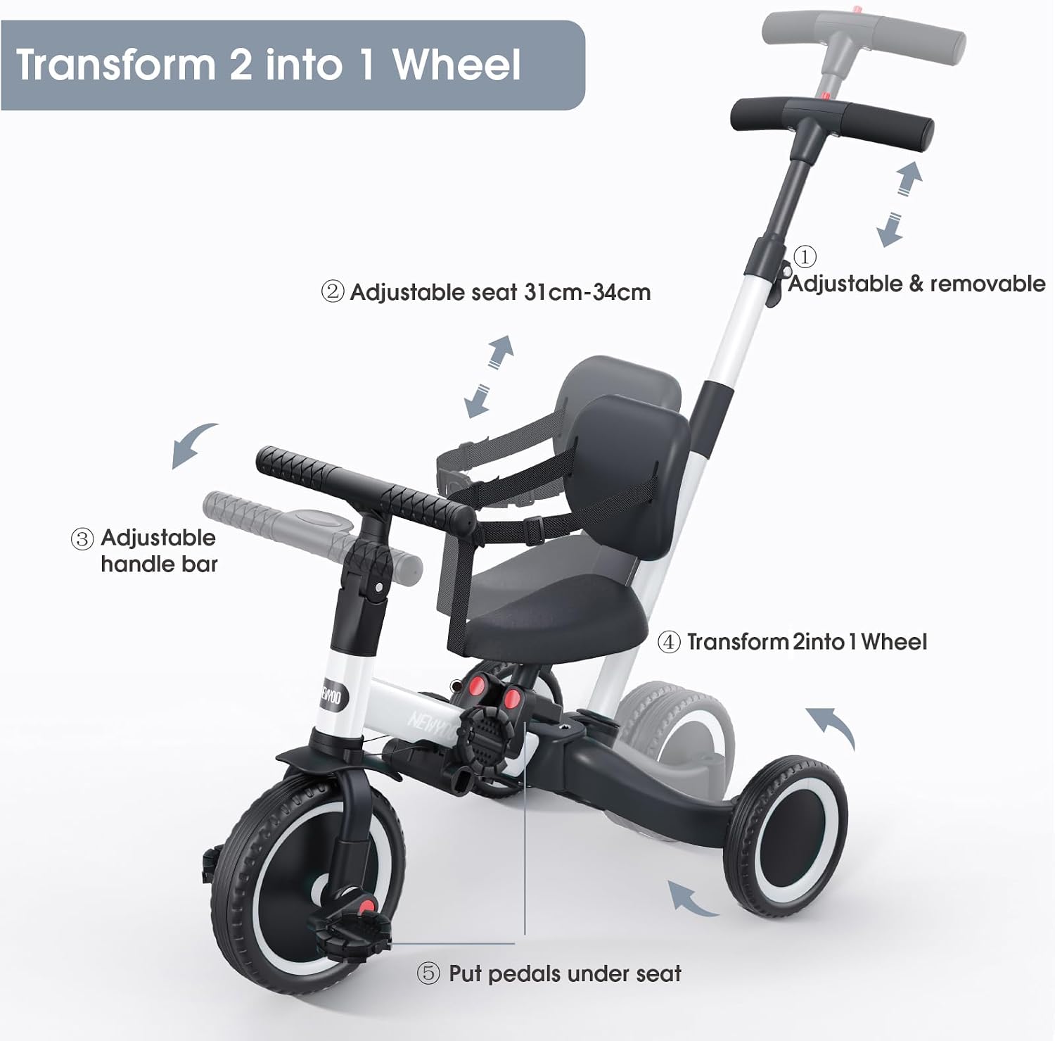 Thumbnail 3 de newyoo 5-in-1 kids trike with parent handle, safety belt and pedals (TR007) – White