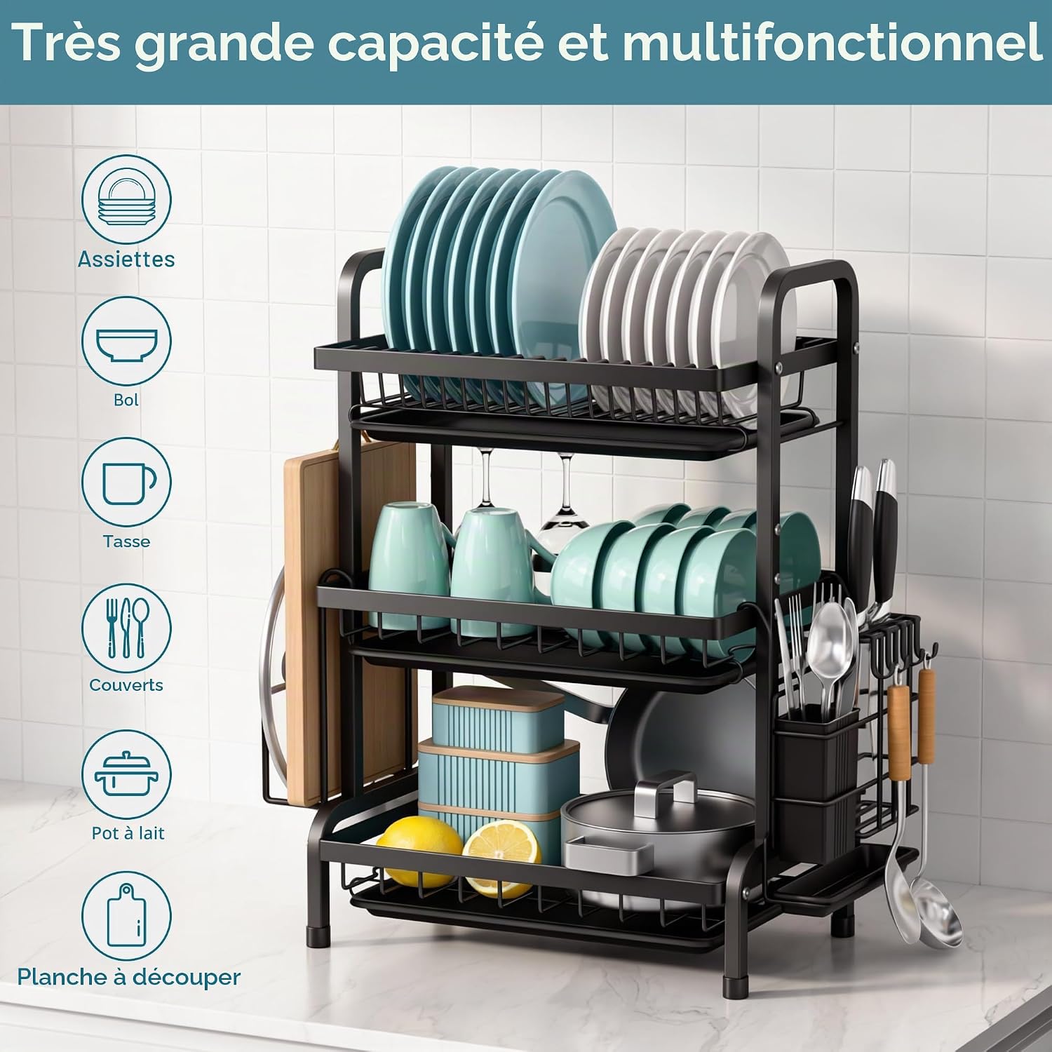 Detalle de Niffgaff Égouttoir à Vaisselle Acier Inoxydable 3 étages Grand – Double plateau et support pour Couverts