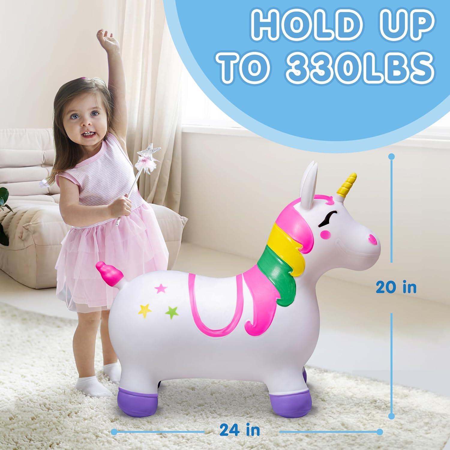 Detalle de JOYIN Kids Unicorn Animal Hopper Bouncy Horse (inflatable ride-on) with hand pump