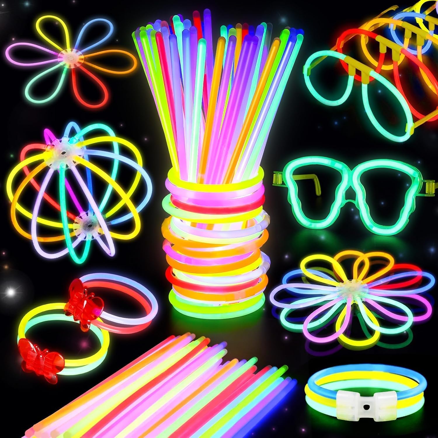 BUDI 467Pcs Glow Sticks Party Kit: 200 Glow Sticks (8 colors, 8 inch) + 267 Connectors for Necklaces, Bracelets, Glasses