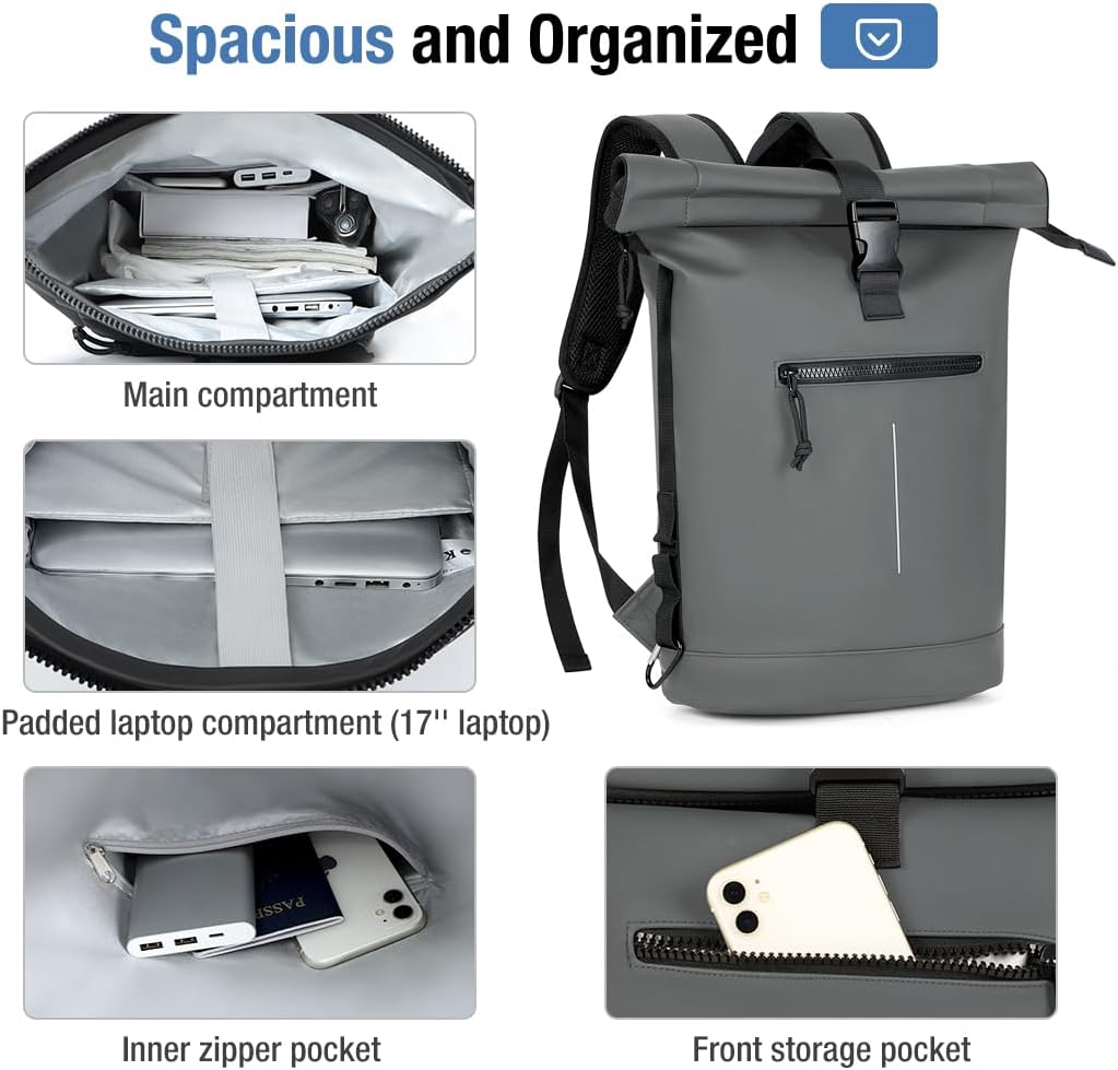 Thumbnail 3 de Lekeinchi 17-Inch Waterproof Roll-Top Laptop Backpack (Grey) – expandable, for school, work and travel