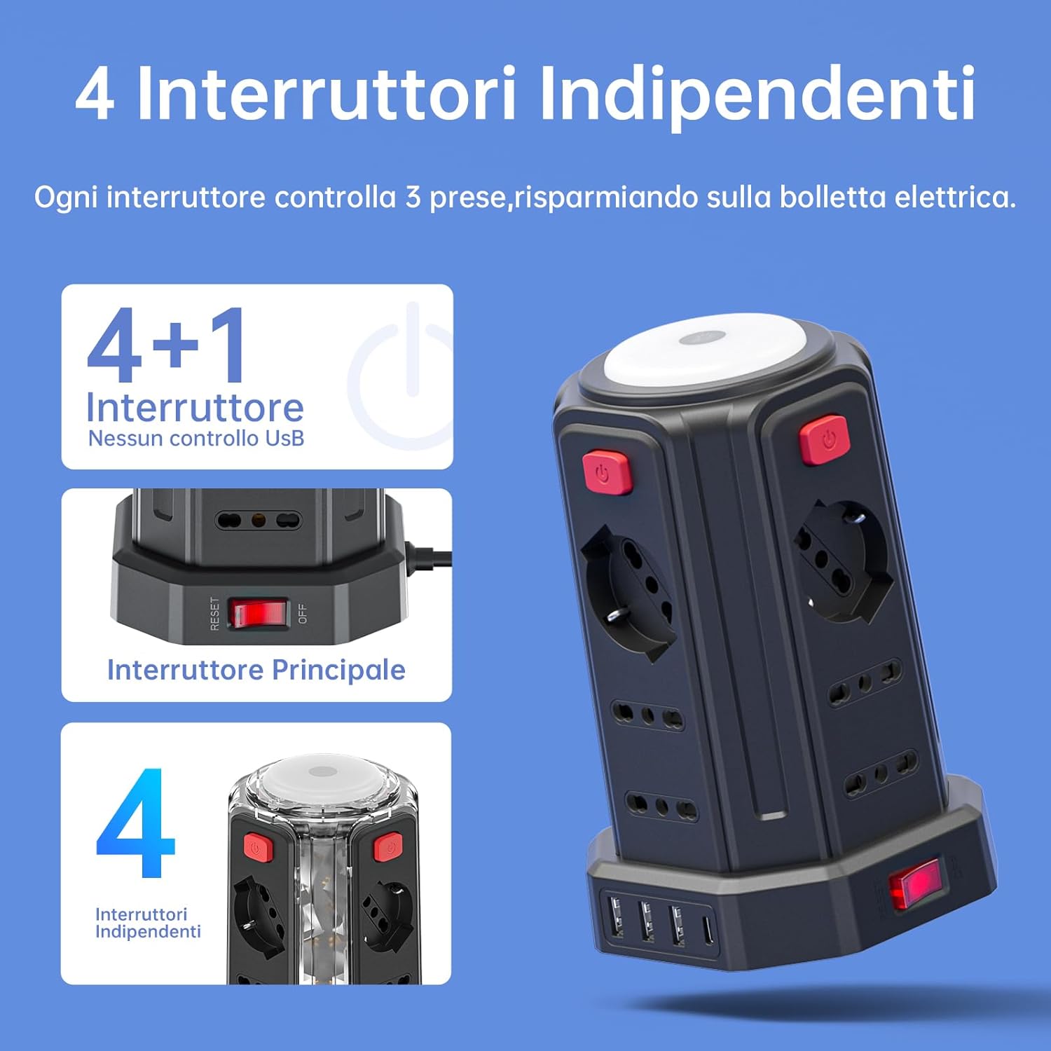 Thumbnail 3 de 3M Ciabatta elettrica multipresa verticale con luce notturna e 12 prese universali (IT/Schuko) + 4 USB