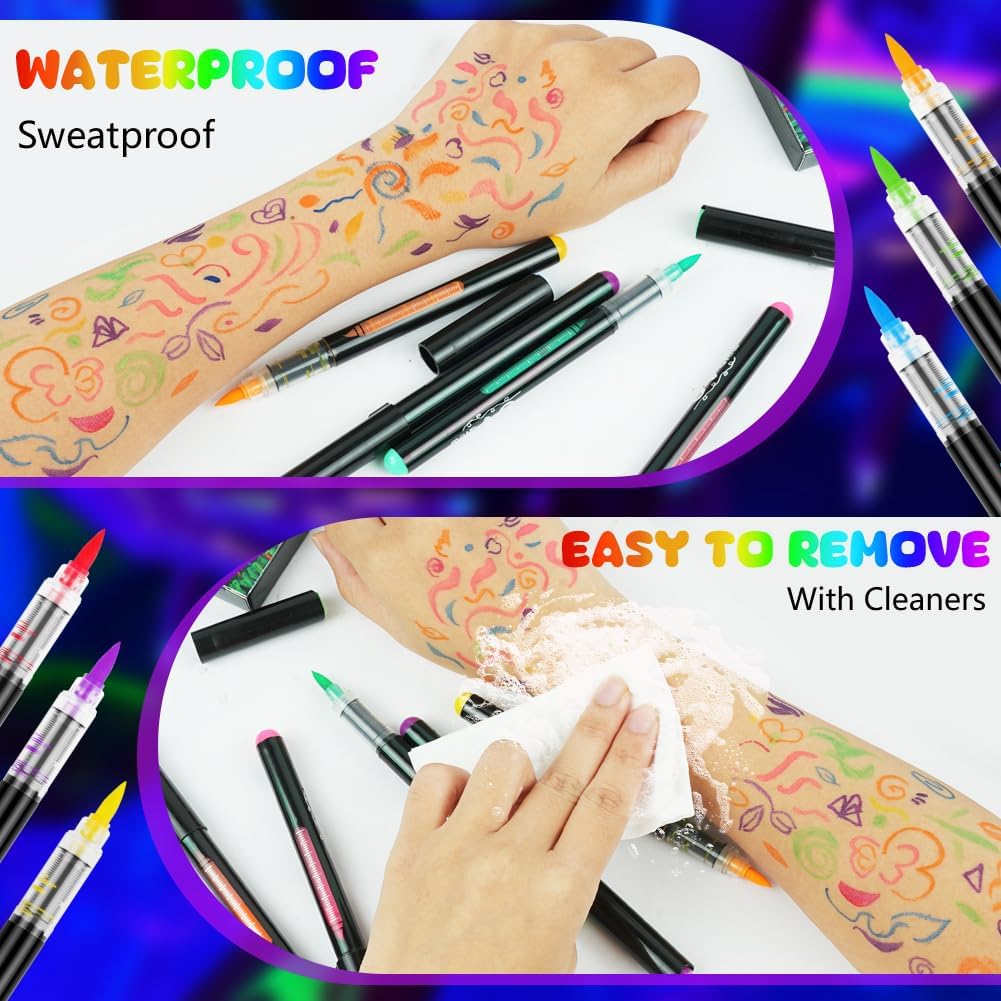 Thumbnail 2 de Alaoo Penne Glitter Neon UV per Tatuaggi Temporanei Bambini (10 pezzi) con 4 stencil