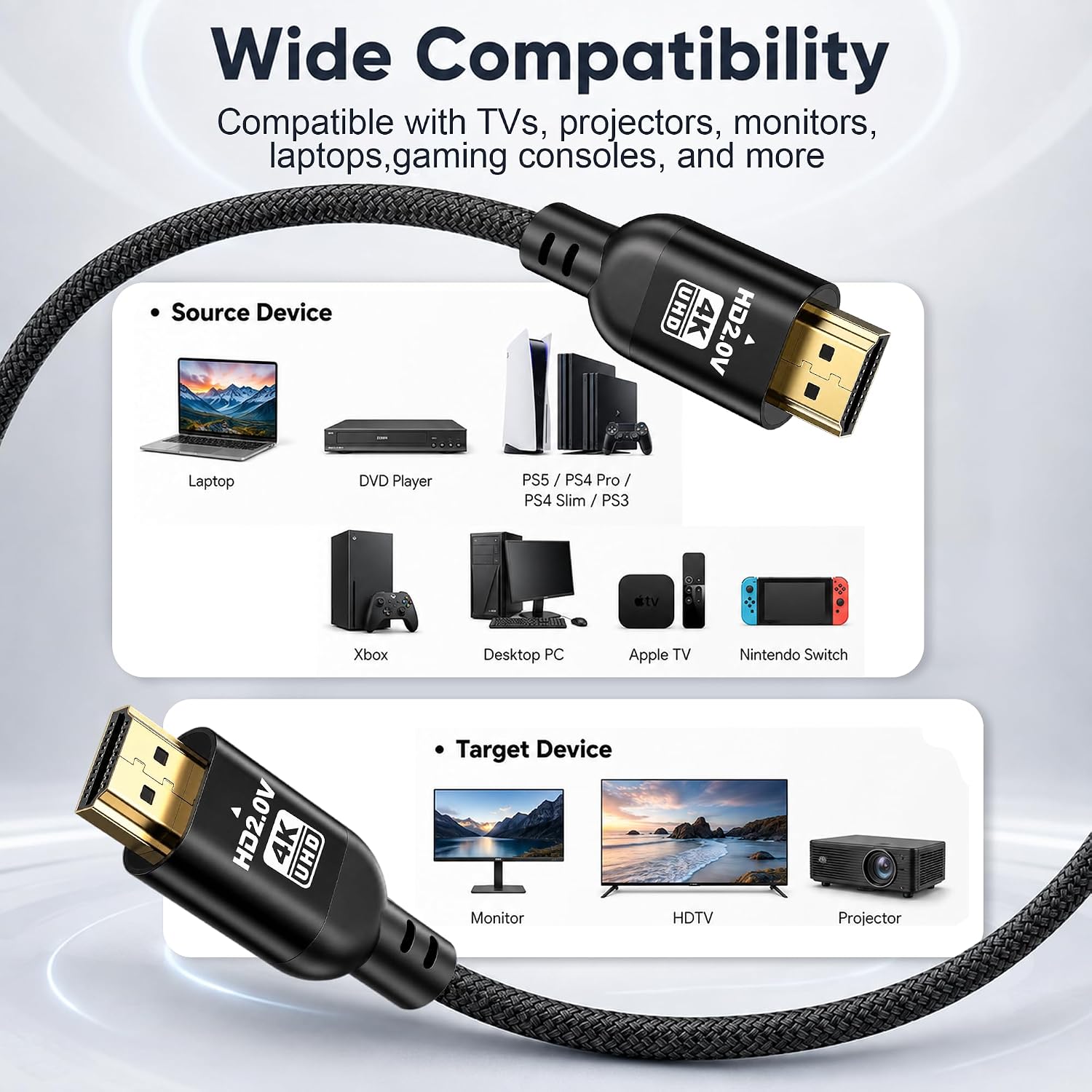 Detalle de Diyanisly 35FT 4K HDMI Cable (High Speed 2.0) — Long-Reach, Braided, 4K@60Hz with ARC/Ethernet