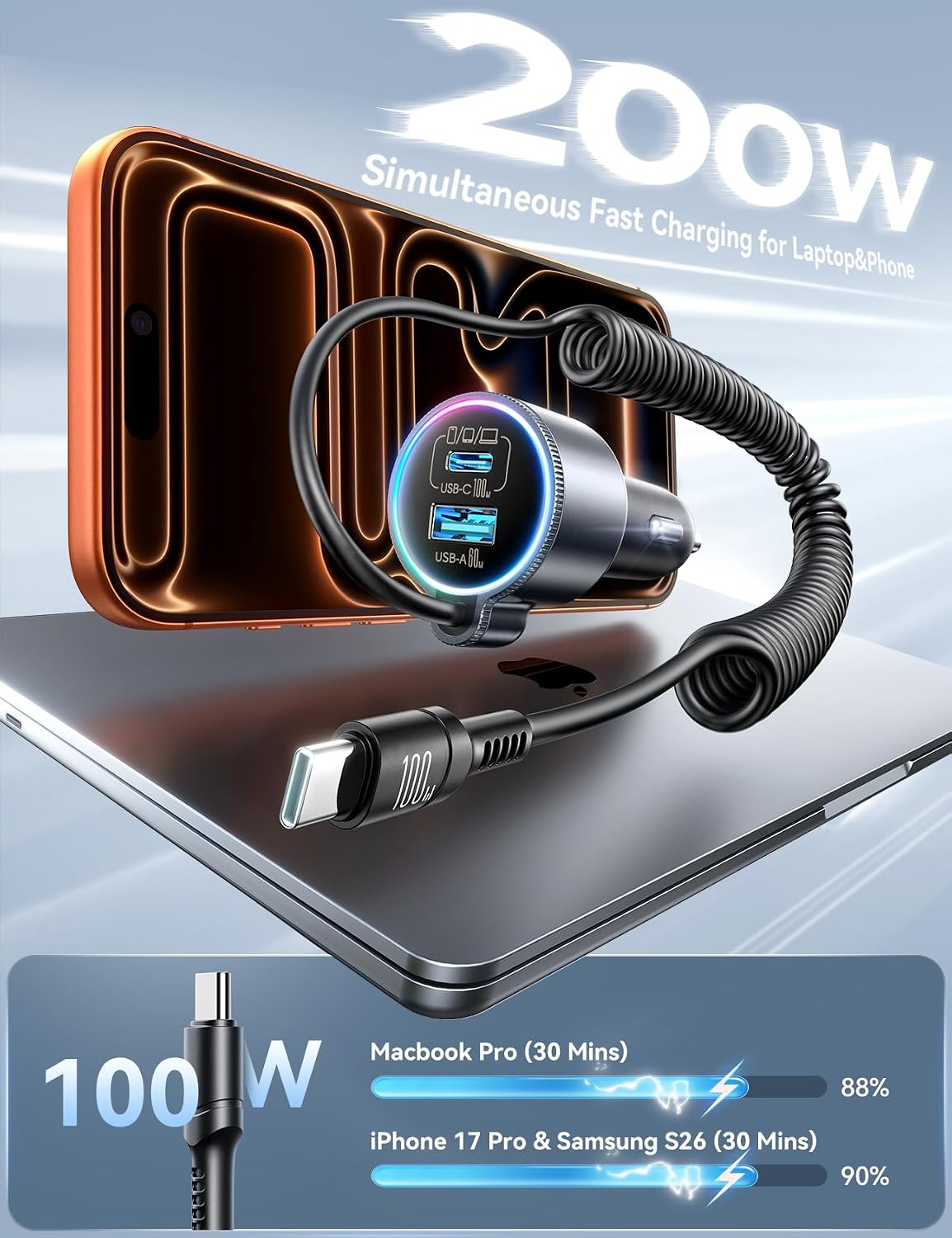 Thumbnail 1 de FLYLEAD 200W Dual PD USB-C Car Charger with 100W PD Each Port and Coiled Cable