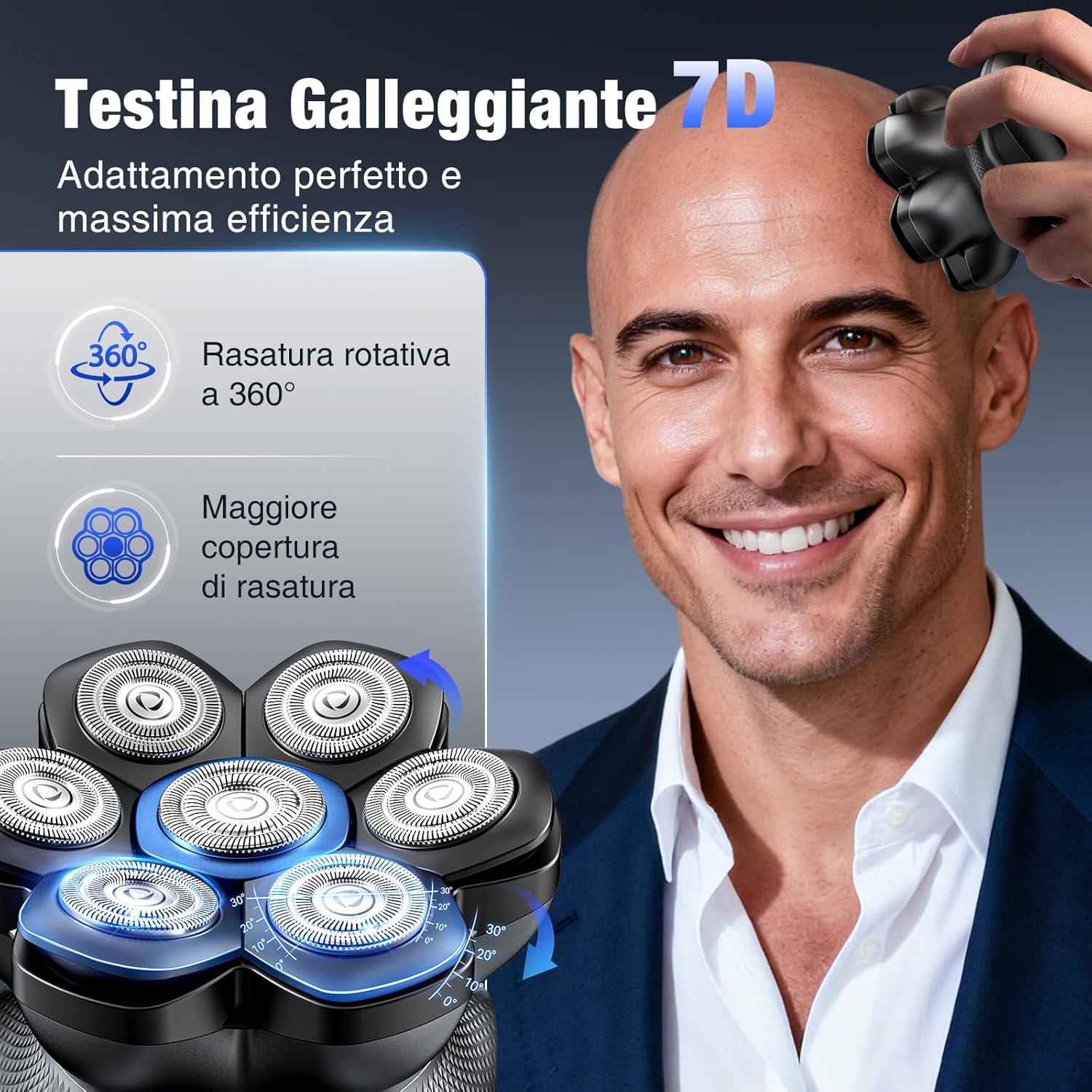 Detalle de kensen Rasoio Testa Calva Uomo Zero Assoluto 2 Velocità 7D Impermeabile IPX6 Cordless con Display LED e USB-C
