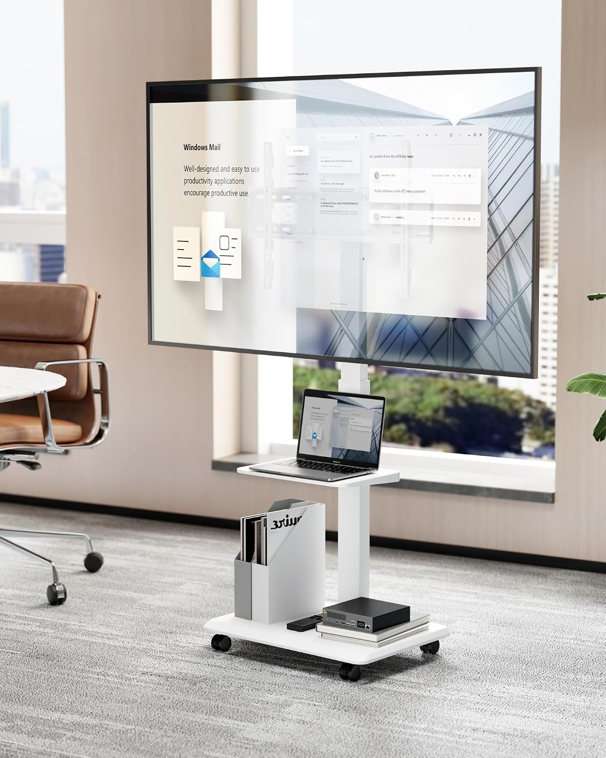 Detalle de ECOTINY TV Ständer Rollbar aus Stahl für 37–75 Zoll – höhenverstellbar, schwenkbar, neigbar, Kabelverwaltung, Weiß
