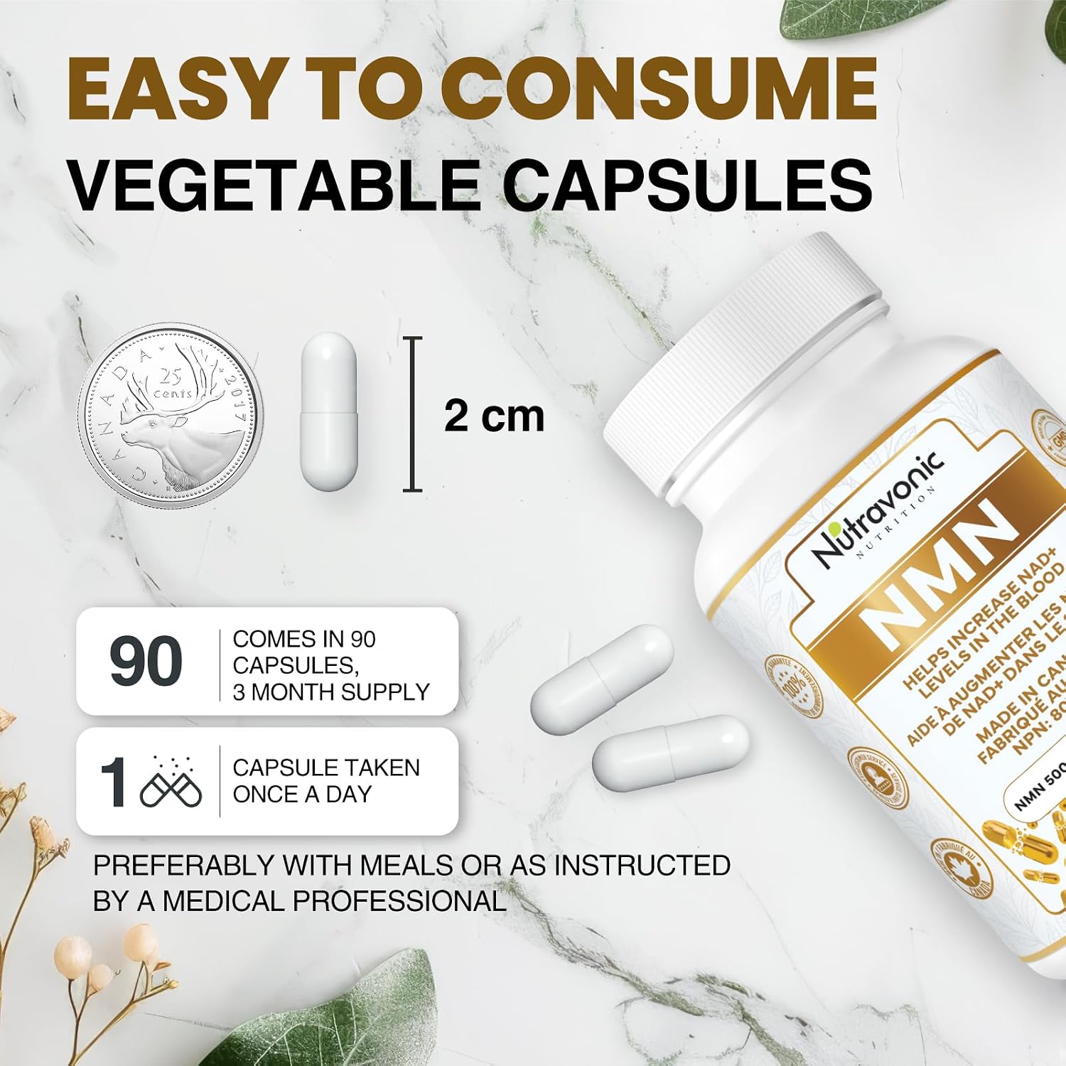 Detalle de Nutravonic Nutrition NMN 500 mg Capsules, 99%+ Pure, Vegan, 90 Count