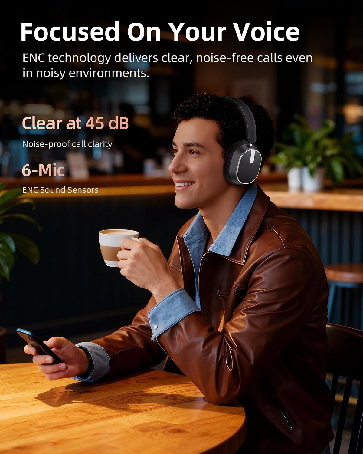 Detalle de bmani H2 Over-Ear ANC Headphones, 120-Hour Battery, Bluetooth 6.0, Black