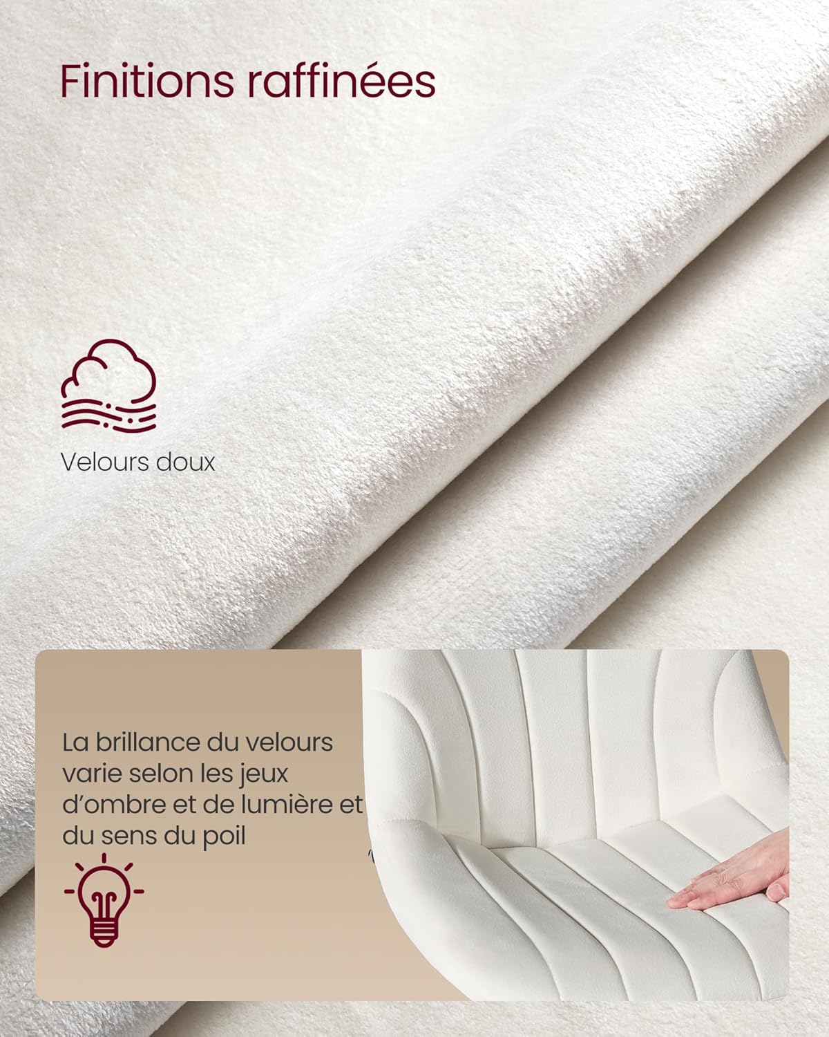 Thumbnail 4 de VASAGLE Tabourets de Bar avec Dossier – Hauteur Réglable, Rotation à 360°, Velours Blanc Crème (Lot de 2) LJB161WD01