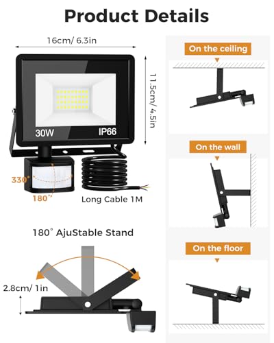 Thumbnail 7 de vighep Security Lights Outdoor Motion Sensor — 30W LED PIR Floodlight with Remote, IP66, 230V