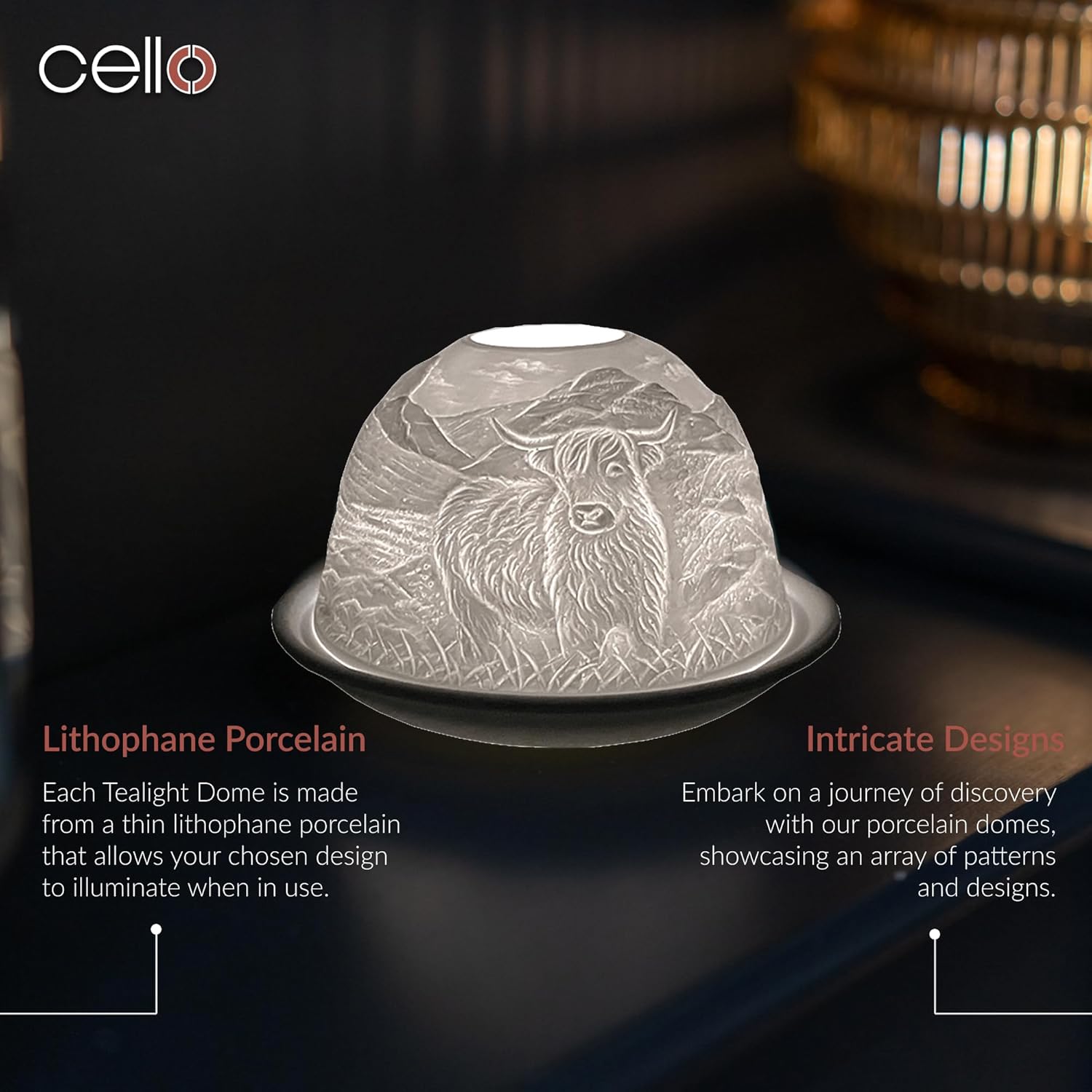 Thumbnail 1 de Cello Porcelain Tealight Holder Dome – Highland Cow 3D Projection & Optional LED Wax Warmer Look