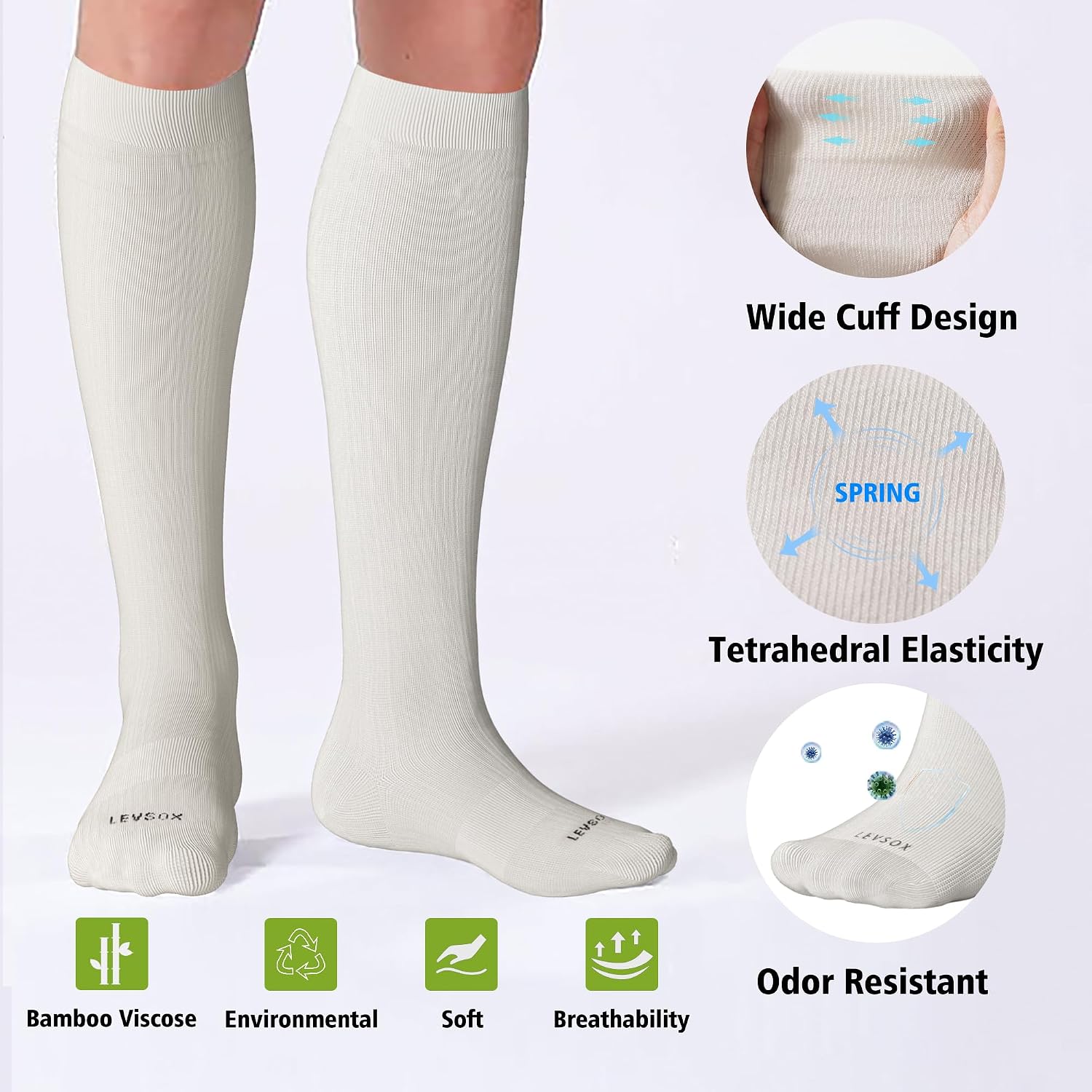 Detalle de LEVSOX Viscose Bamboo Compression Socks for Pregnancy and Travel (20-30 mmHg) – Knee-High