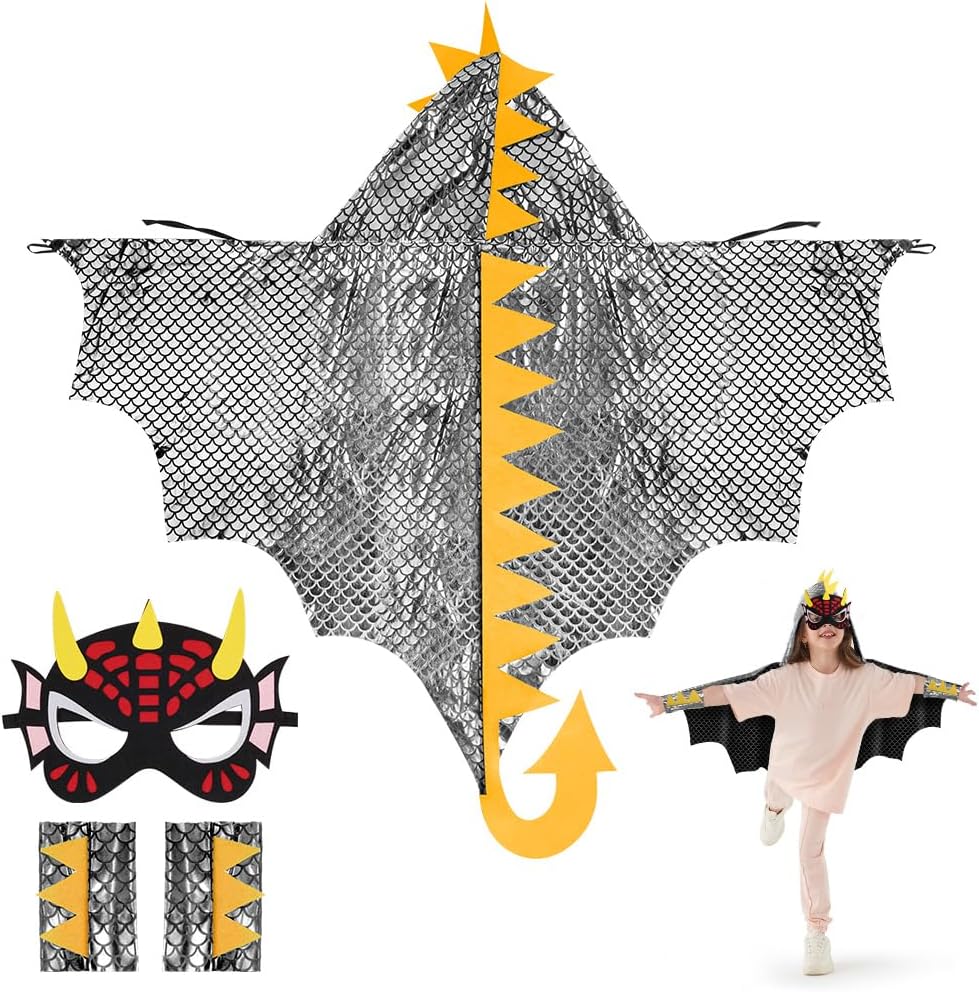 Detalle de Mantello di Dinosauro per bambini di Aomig con maschera - Costume drago per feste e giochi di ruolo