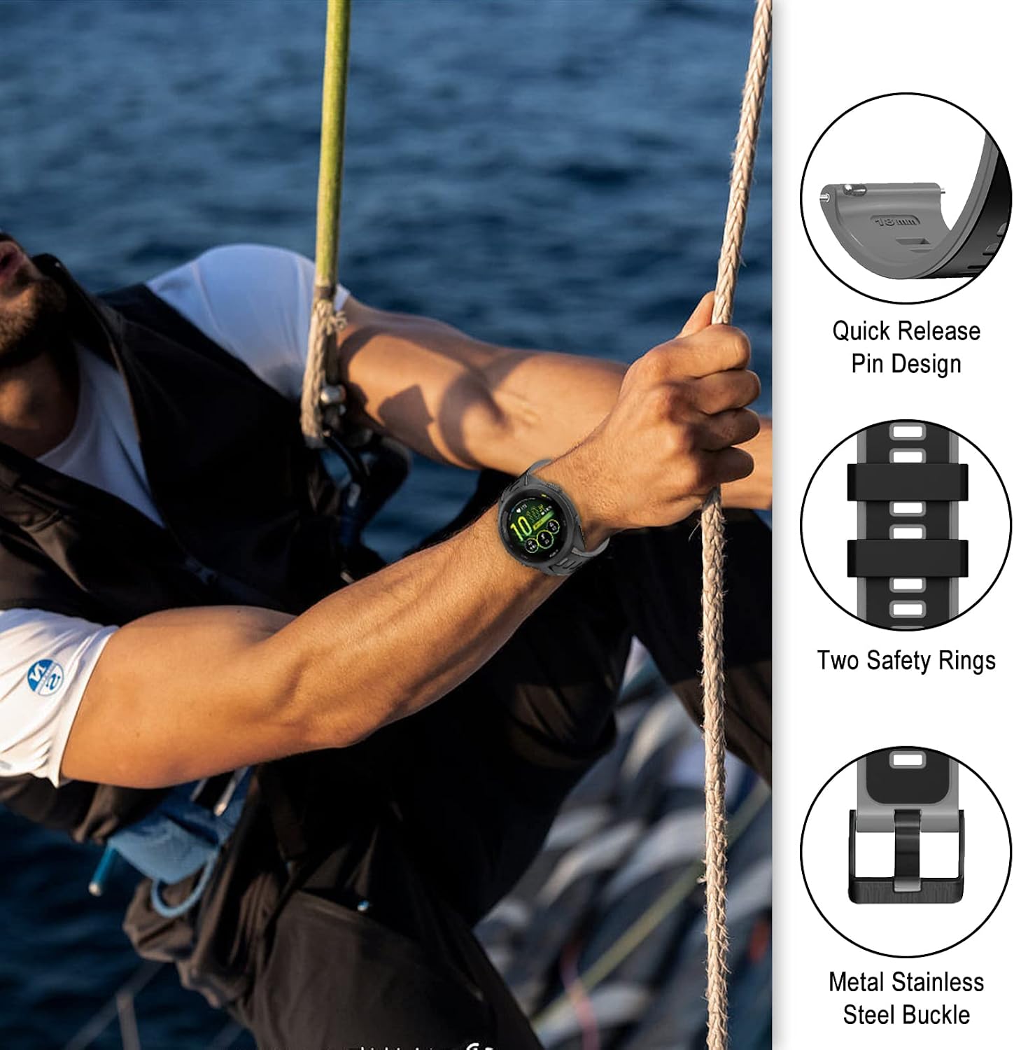 Detalle de SumRioo Silikon-Armband 18 mm für Garmin Venu 4s/Venu 3s & weitere (Schwarz/Grau)